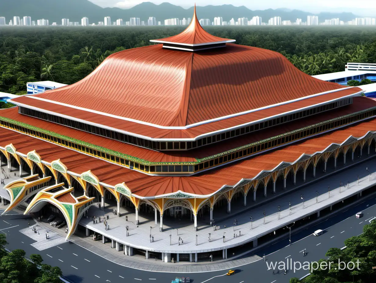 huge central train station inspired by minangkabau roof, outside view