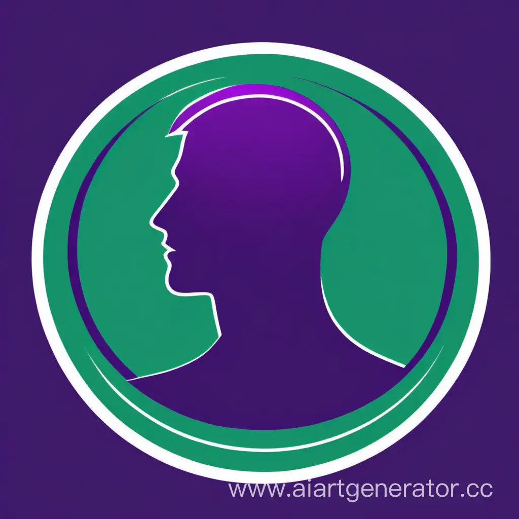 сгенерируй логотип для тренера личностного роста в круге в фиолетово-изумрудных цветах и силуэтом мужской головы в центре, без каких-либо надписей 