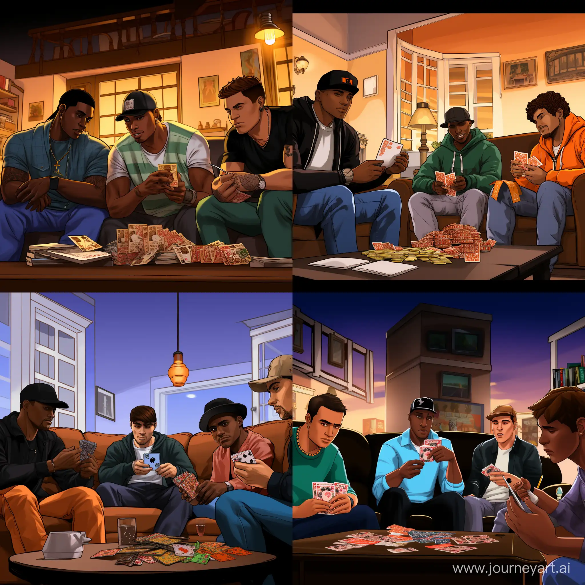 Four white men from the hood are spending their evening together in a luxury living room. They are seated on a king-size sofa around a coffee table that holds money, drugs, and drinks. A large Rottweiler is resting nearby in its dog basket.

On the right side of the sofa, one of the men is fully engrossed in a gaming session, holding a wired controller in his hands and staring into the big flat-screen TV. His focus is fixated on the high-definition display of a Playstation 5. With a controller in hand, he skillfully navigates the virtual world, immersing himself in the action and adventure.

In the corner of the couch, another man relaxes while indulging in a smoke from a bong. A wisp of smoke swirls around him, creating a tranquil atmosphere as he savors the moment.

 

The third man lies on the sofa, shifting occasionally in his sleep, while the fourth man extends a hand to stroke the Rottweiler's soft fur, ever mindful of its presence. With gentle movements, he enjoys the companionship and loyalty of the canine, finding solace in the simple act of petting.

In this realistic scene, the four men form a bond through shared experiences and a sense of tranquility in each other's company.