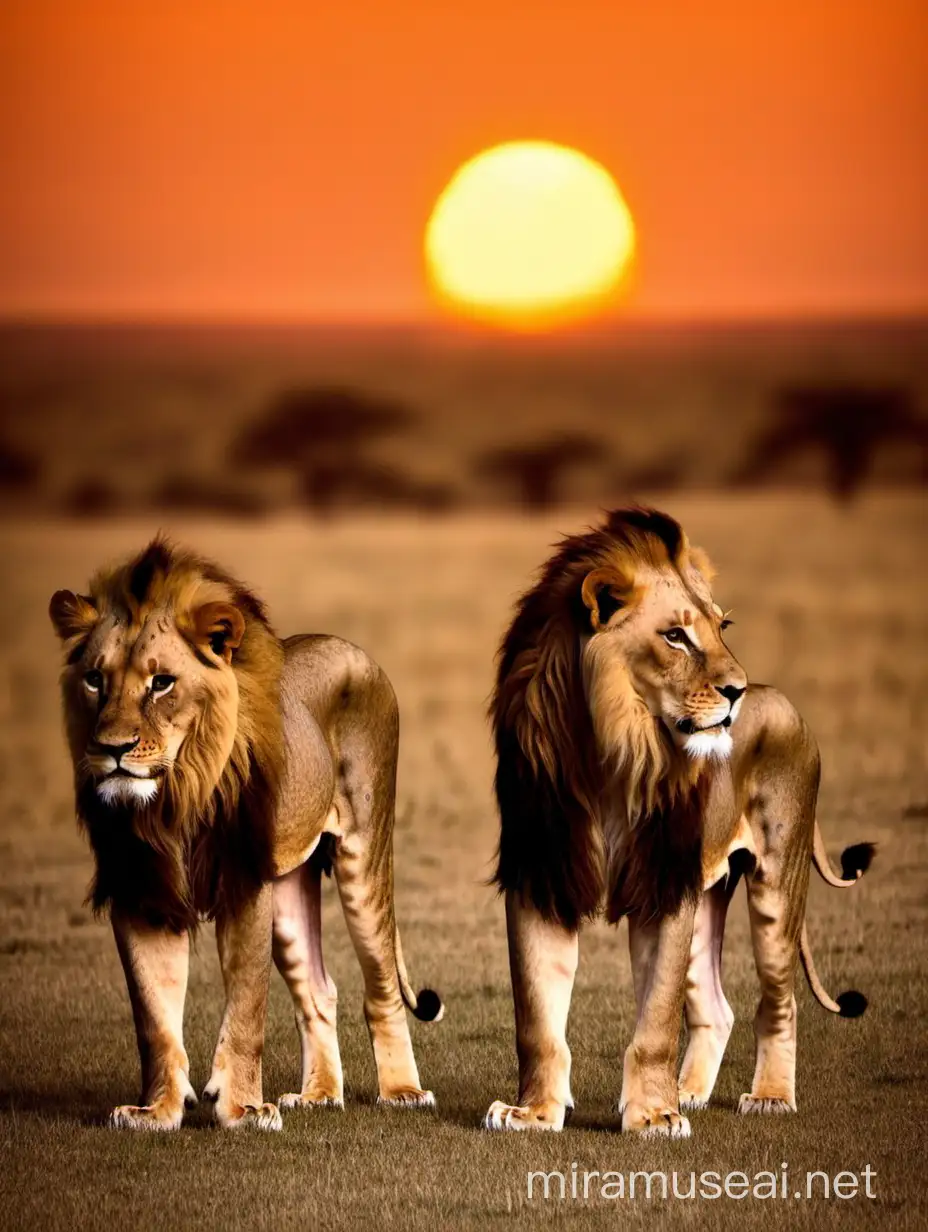 Majestic Lions Silhouetted against a Vibrant Sunset | MUSE AI