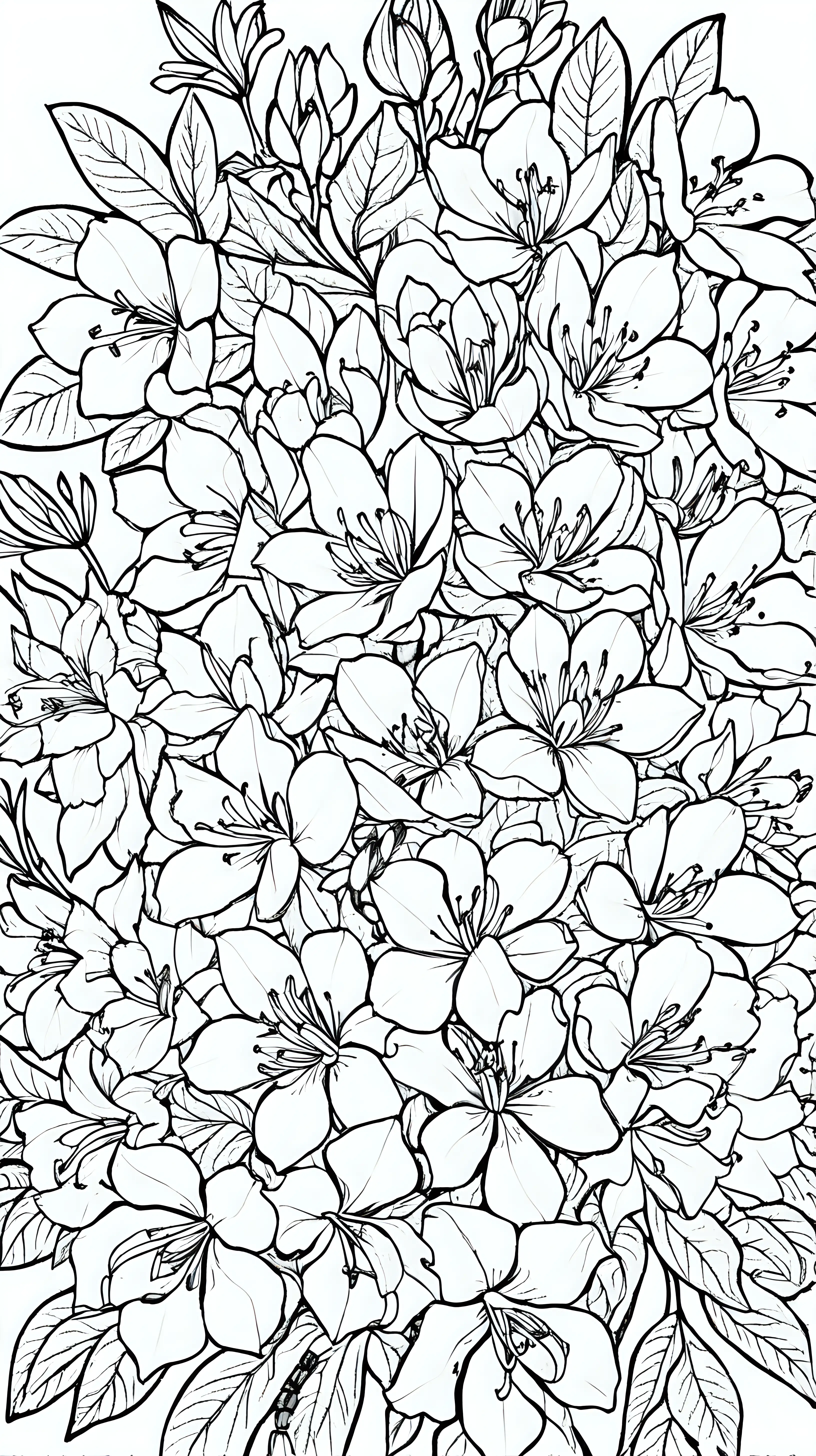 coloring book image, thin black lines, patterned floral mandala pattern, Azalea blossoms