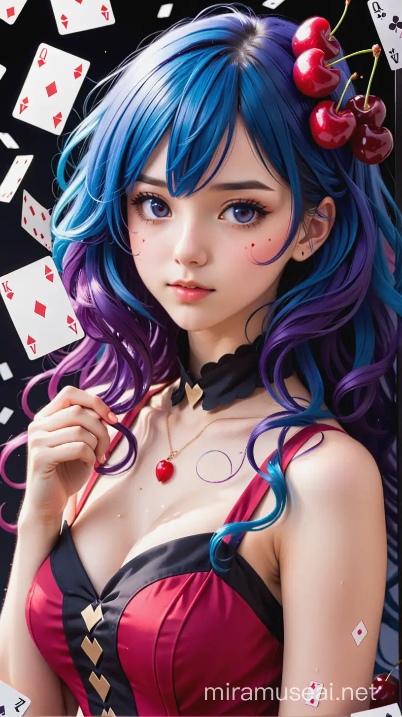 chica anime joven, 15 años, cabello azul fuerte, largo y ondulado, con vestido elegante rojo cereza, detalles de colores negro, violeta y rojo cereza, expresión coqueta, fondo blanco con cartas de póker negras lloviendo.