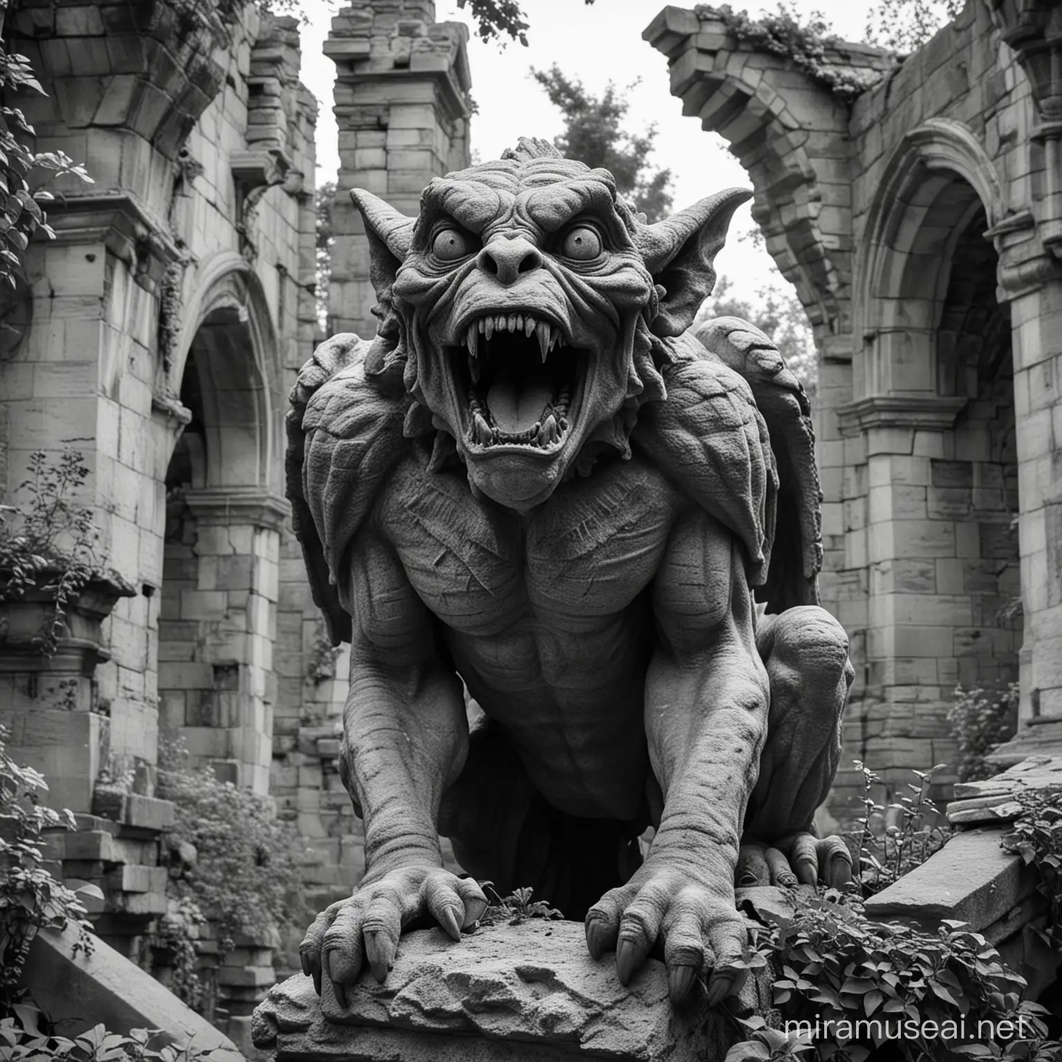 ghostly overgrown statue of screaming 
gargoyle in ruins black and white