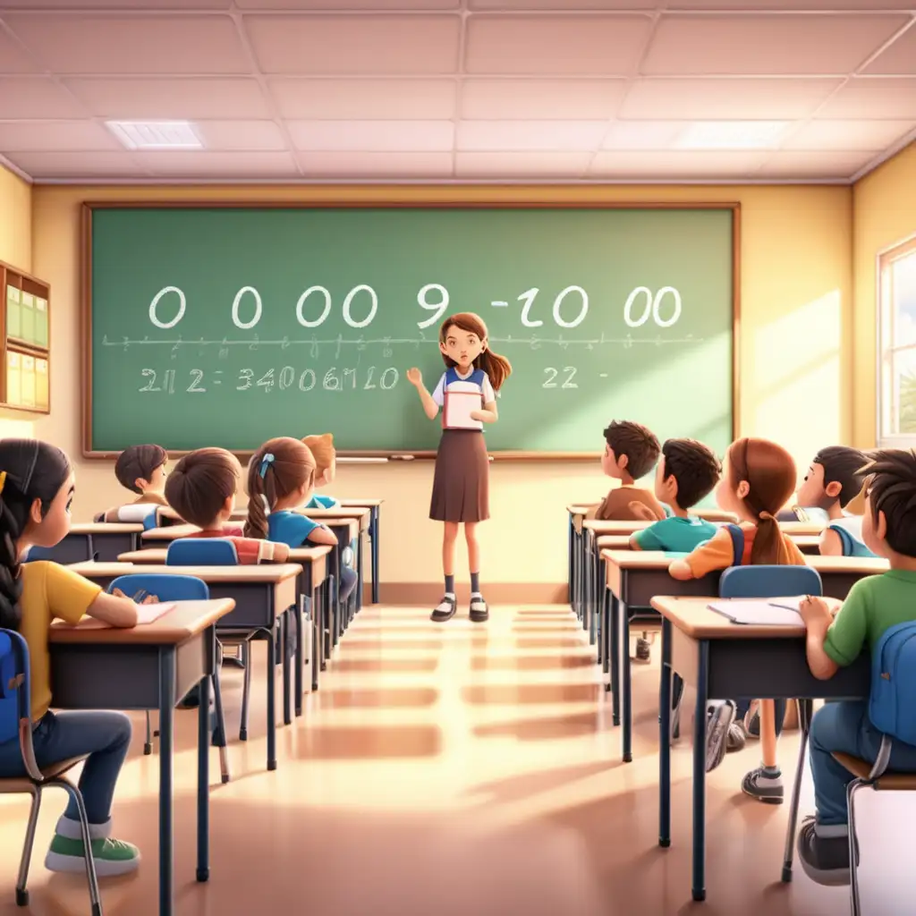 A Number 010000 on a classroom board with students sitting on their places in the classroom. Beautiful background illustrations, 3D illustrator of an animated scene.