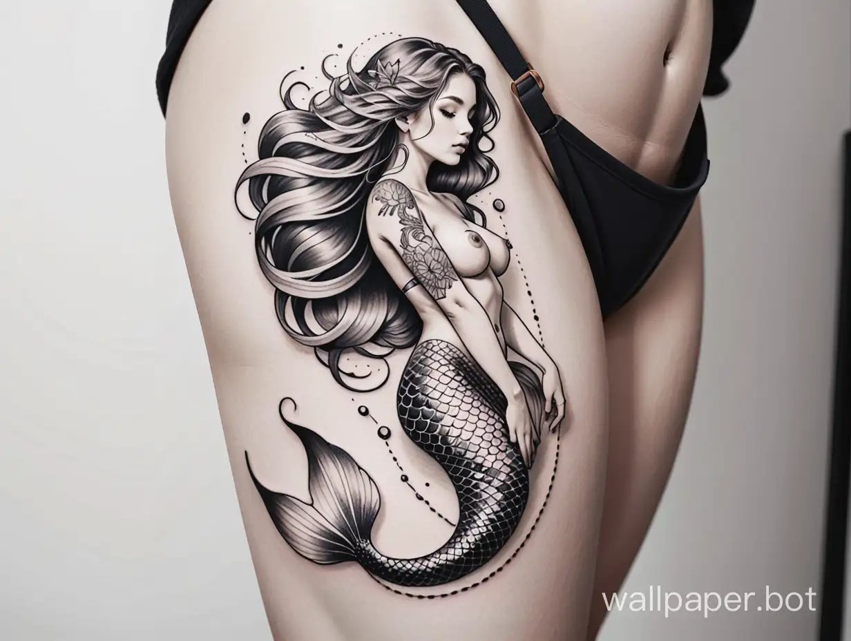 full mermaid,  masterpiece tattoo, lineart, beautiful dot line, blackwork,  white background