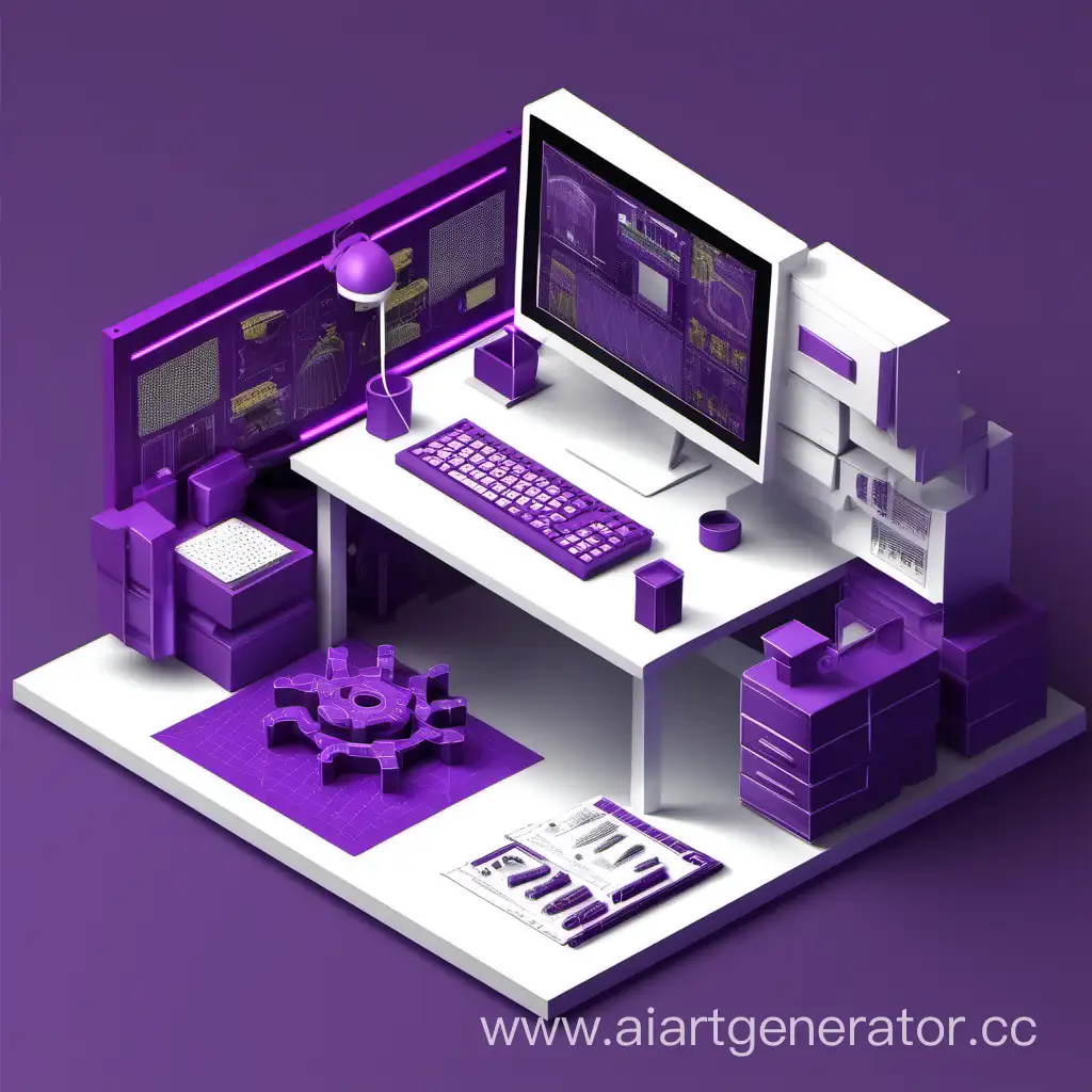 AI tool product workstation  3d  illustration implementation white and some  dark purple 