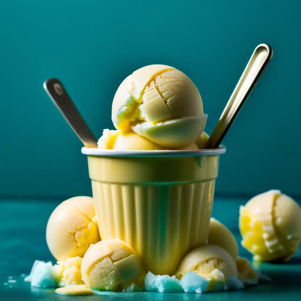 Delicious Creamy Yellow Italian Ice Scoops on Teal Background
