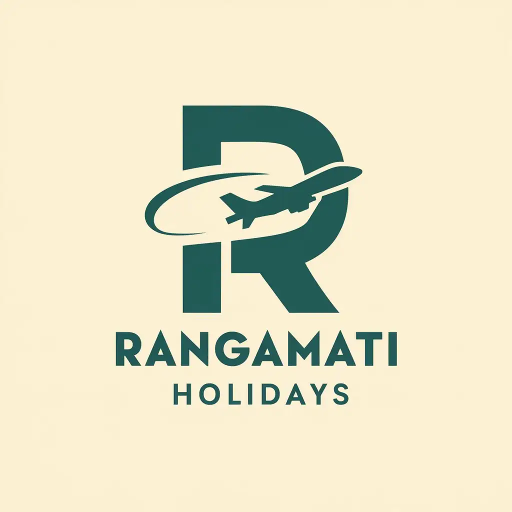 logo, 'R' Will be the symbol, there will be a airplane rounding the R, with the text "Rangamati Holidays", typography, be used in Travel industry