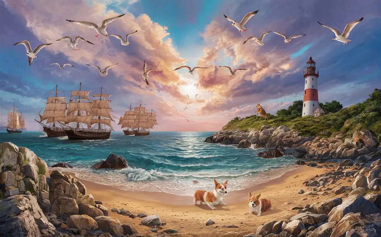 Seaside-Scene-with-Seagulls-Sailboats-and-Schnauzer-Dog