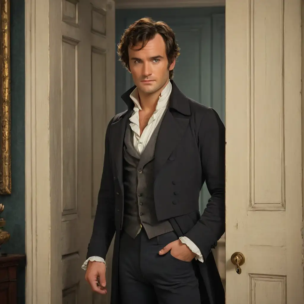 sexy Mr. Darcy , late 30  English, standing in a door way, lifestyle pose, sexy eyes, 1800 cloths, gala cloths, strong, quizzical eyebrow, broody,  1800 minimal decor, Victorian era holding miss Elisabeth Bennet 
