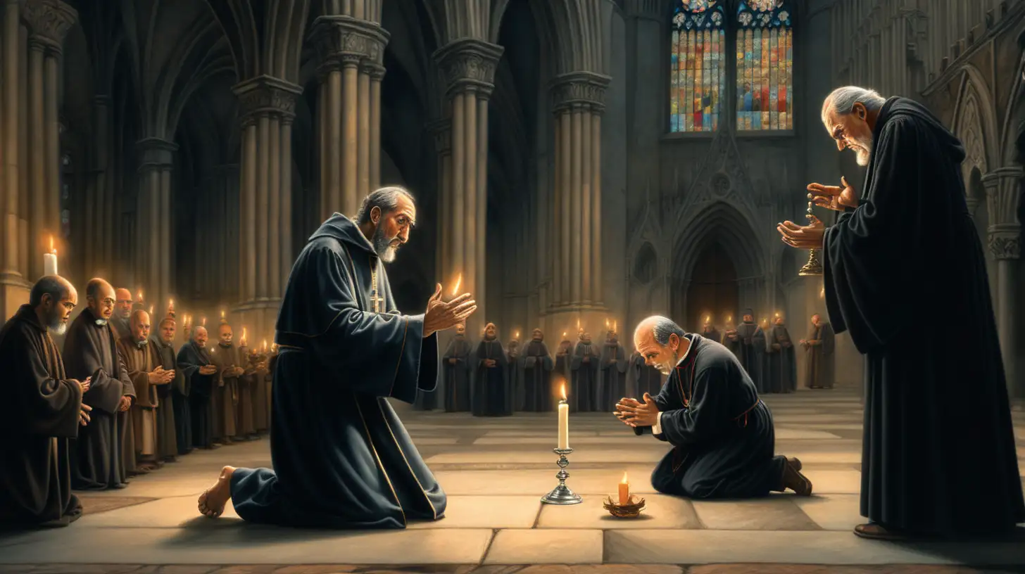 
With the dark interior of the cathedral in the background

Two figures, a very poor man and a priest, appear in focus.

The priest hands the silver candlestick to the poor man with a kind expression, and the poor man kneels in tears in front of the priest.

There are a total of two people appearing in the picture.

soft fairy tale illustrations
By adding color