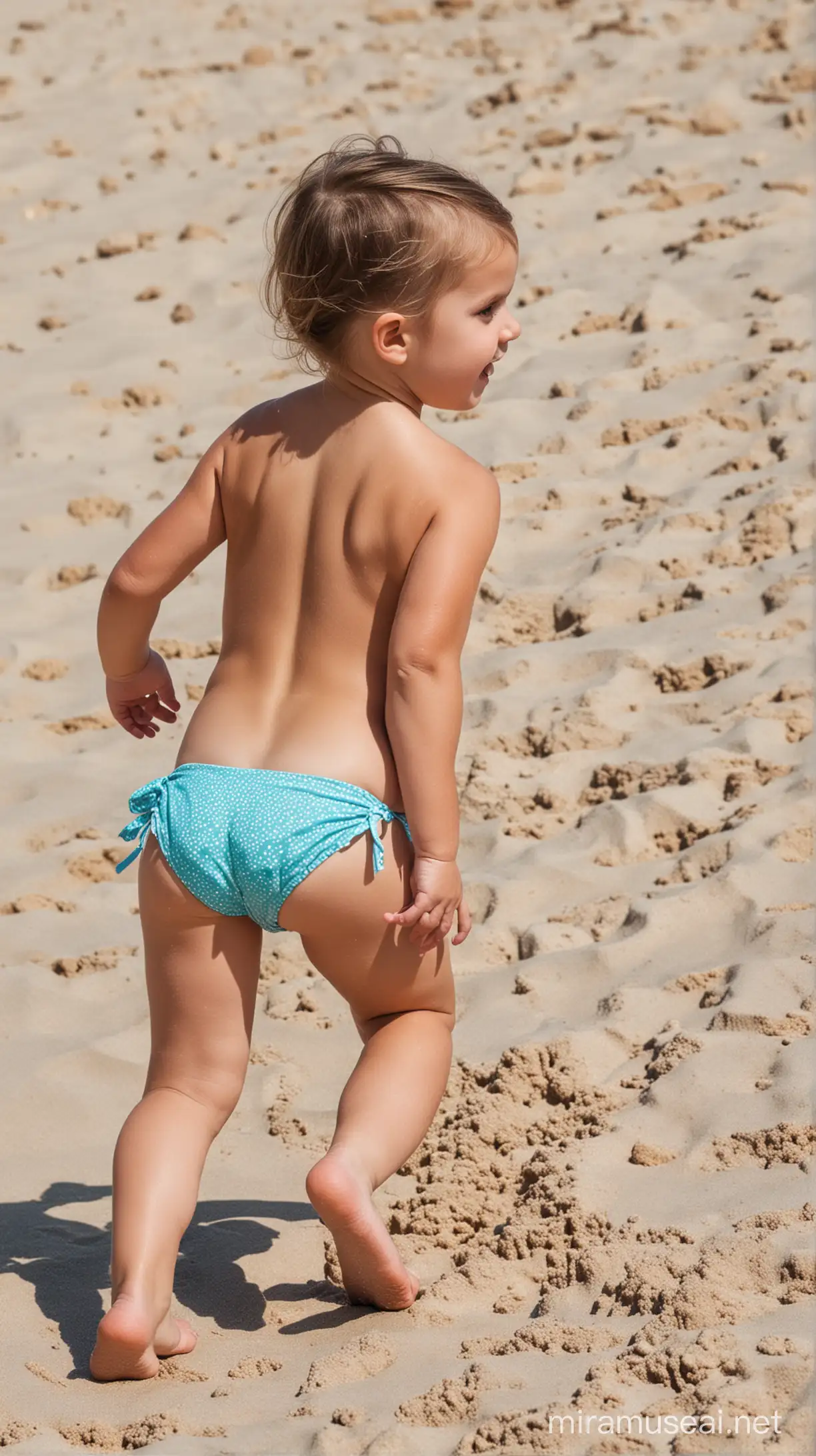 Little girl in bikini crawling back viee