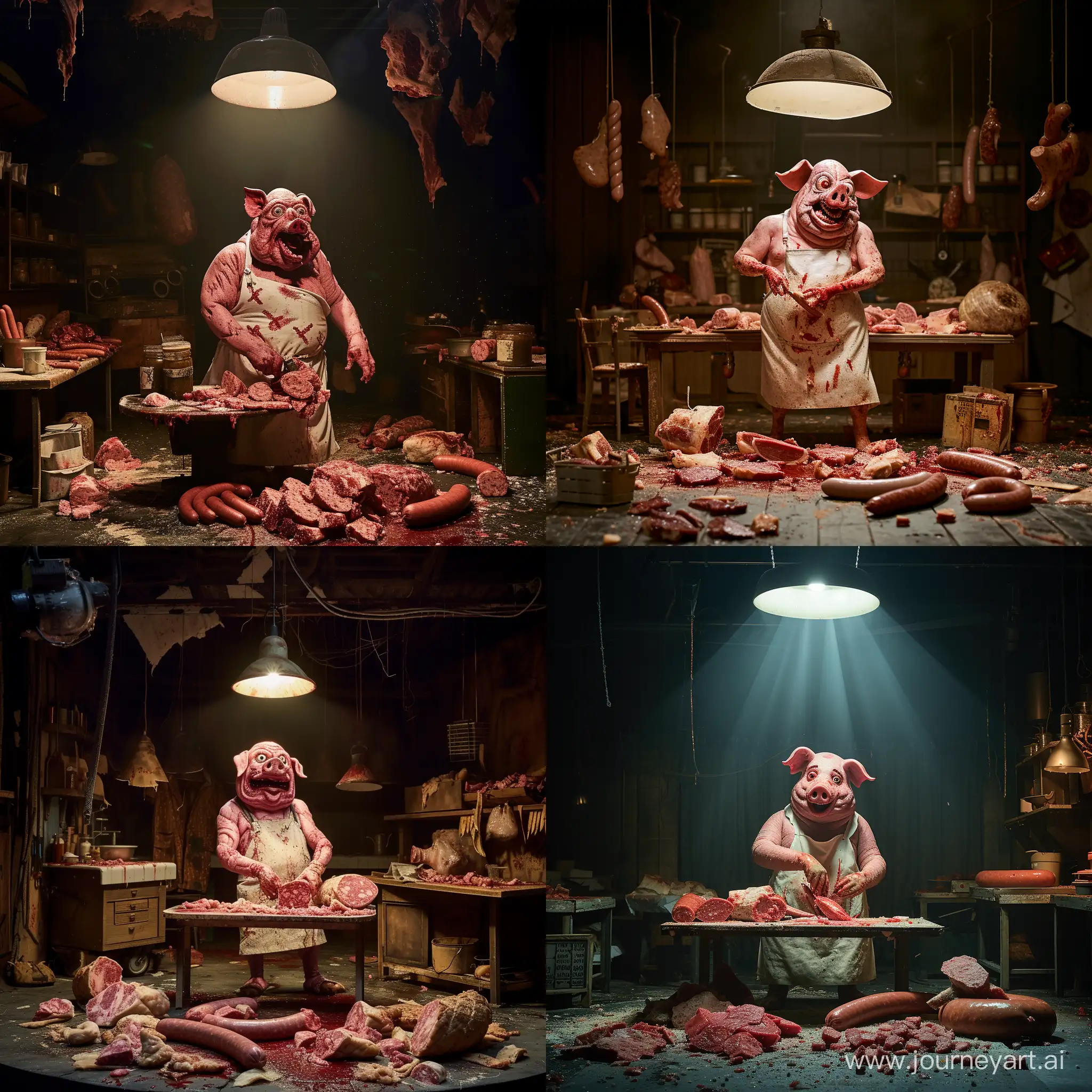 create an image of a scene in a butcher's shop, it is dark but we see many pieces of meat and sausages everywhere and on the floor. In the middle of the stage, lit by a ceiling light, a pink and fat humanoid pig wearing a white butcher's apron with red marks. He is standing in front of a table, his crazy face is marked with big eyes, he is drooling. He cuts slices from a very large sausage. Horrific scene.