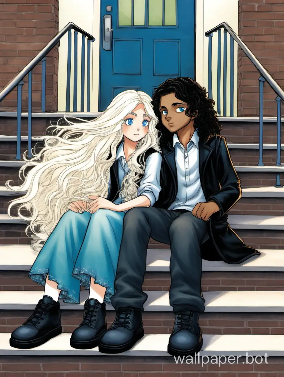 Book cover with a couple sitting on a staircase, the girl has long white hair and blue eyes, the boy has black eyes and long hair down to his back and is black and wavy, the two are sitting on the stairs of a school