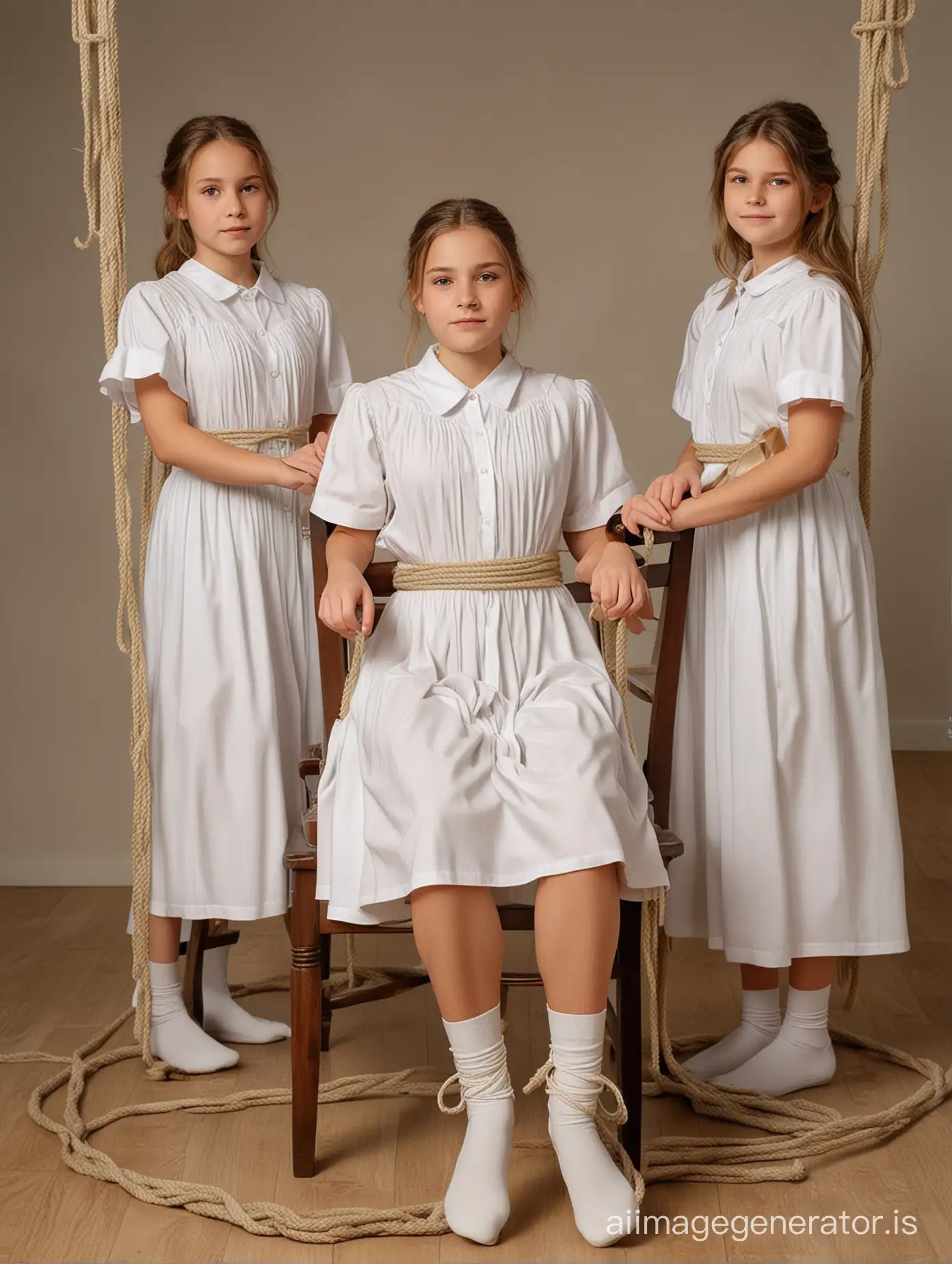 A girl in a white choir dress sitting on a chair, hands and feet tied up with a lot of rope.