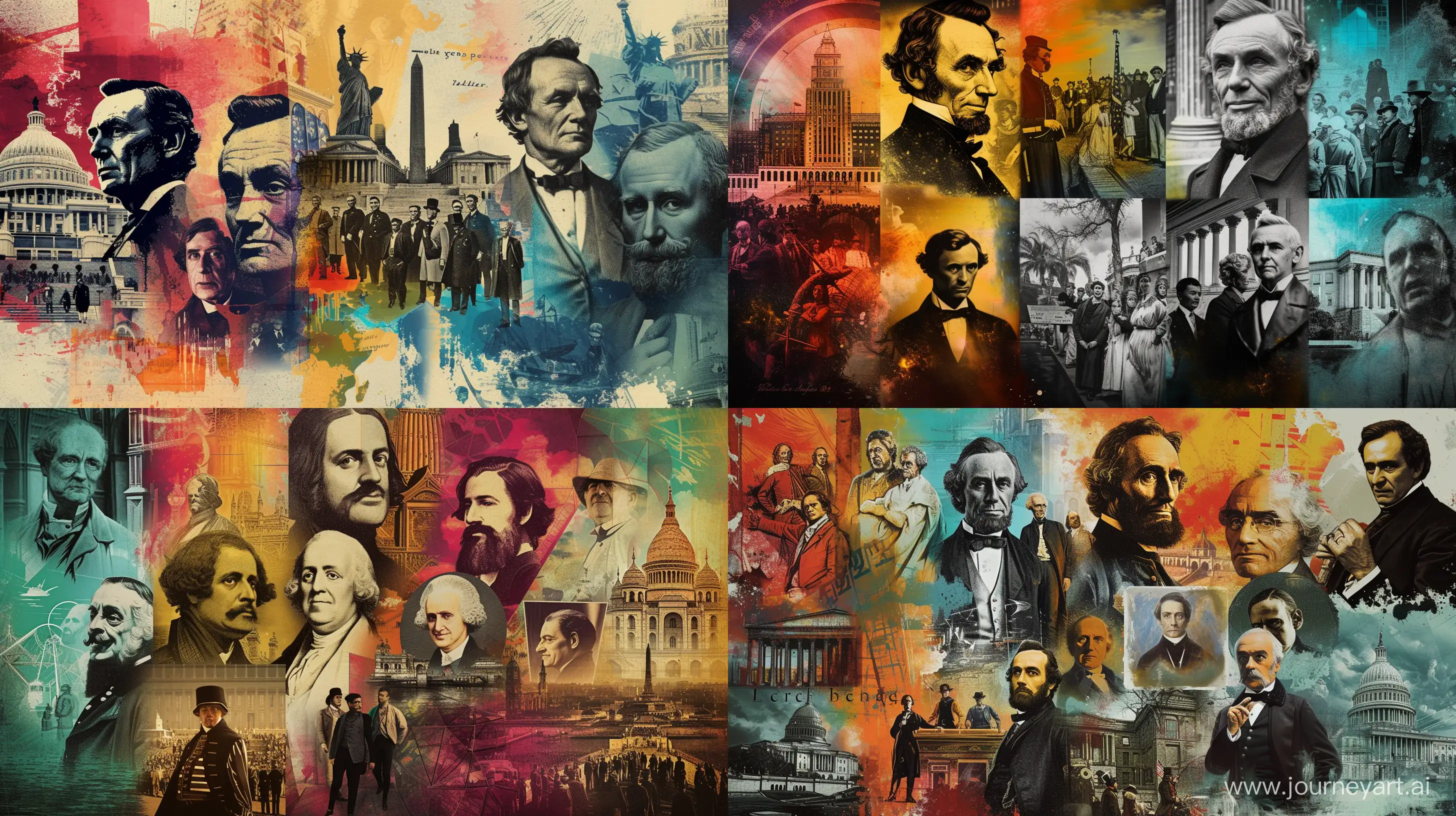 Craft a dynamic YouTube banner showcasing historical luminaries and landmarks. Use a diverse selection of portraits and places, arranging them in a visually appealing collage. Highlight key figures and iconic locations with vibrant colors to capture attention. --ar 16:9 --v 6