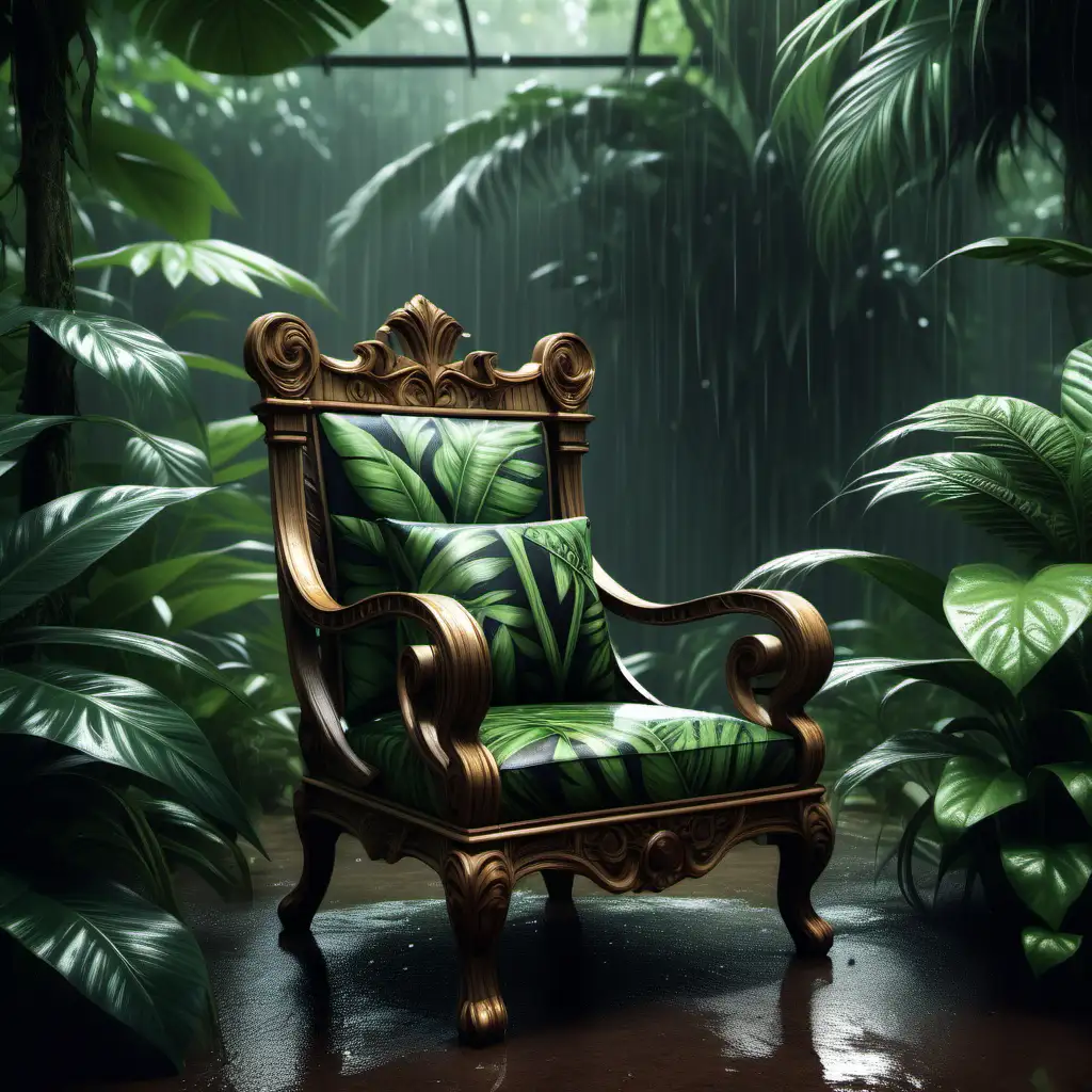 A elegant chair in the raining jungle, epic style, hyper realistic photography, ultra detailed