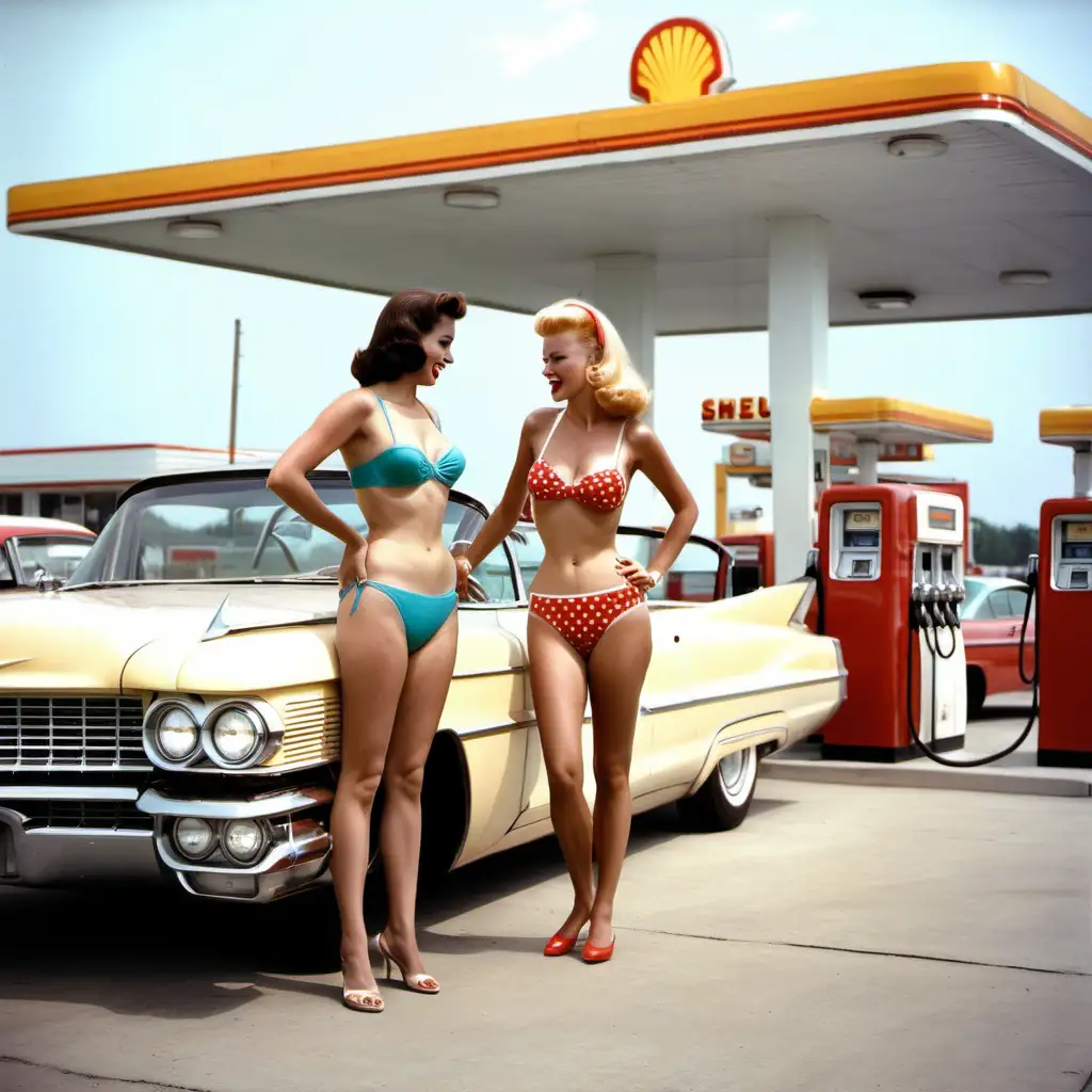 Två kvinnor i bikini möter up mig vid shell bensinstation år 1960 dom har en cadillac