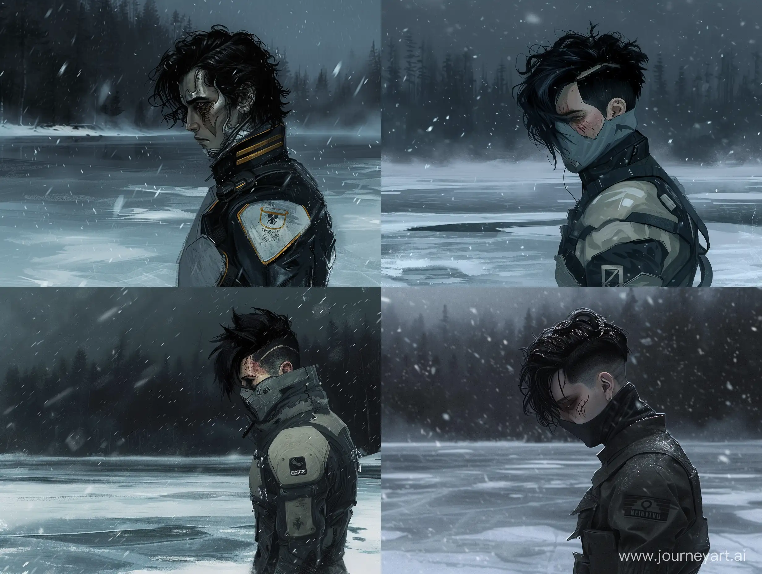 concept art, man with black hair, scar on face, sci fi uniform, half mask on face, standing sideways , on an icy lake, dark forest in the background, snowstorm, 