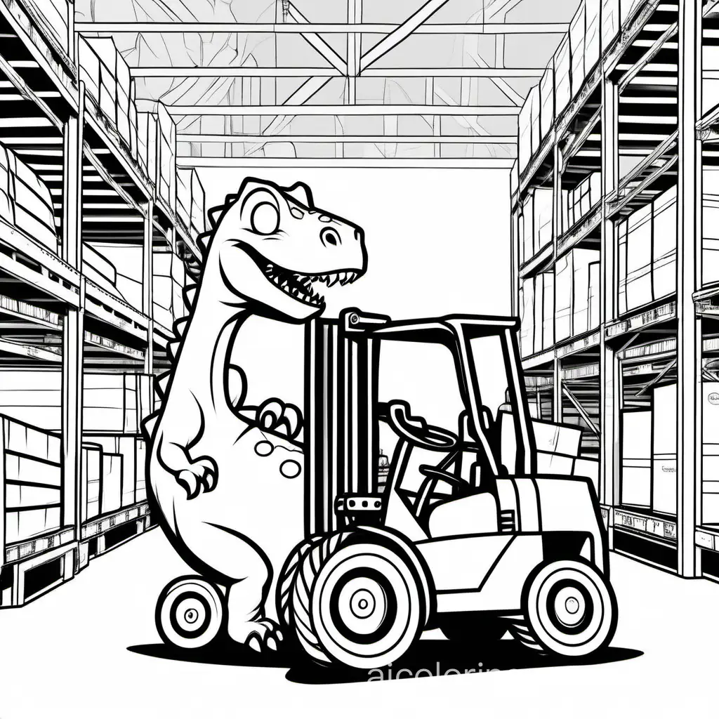 Dinosaur driving a forklift in a warehouse, Coloring Page, black and white, line art, white background, Simplicity, Ample White Space. The background of the coloring page is plain white to make it easy for young children to color within the lines. The outlines of all the subjects are easy to distinguish, making it simple for kids to color without too much difficulty