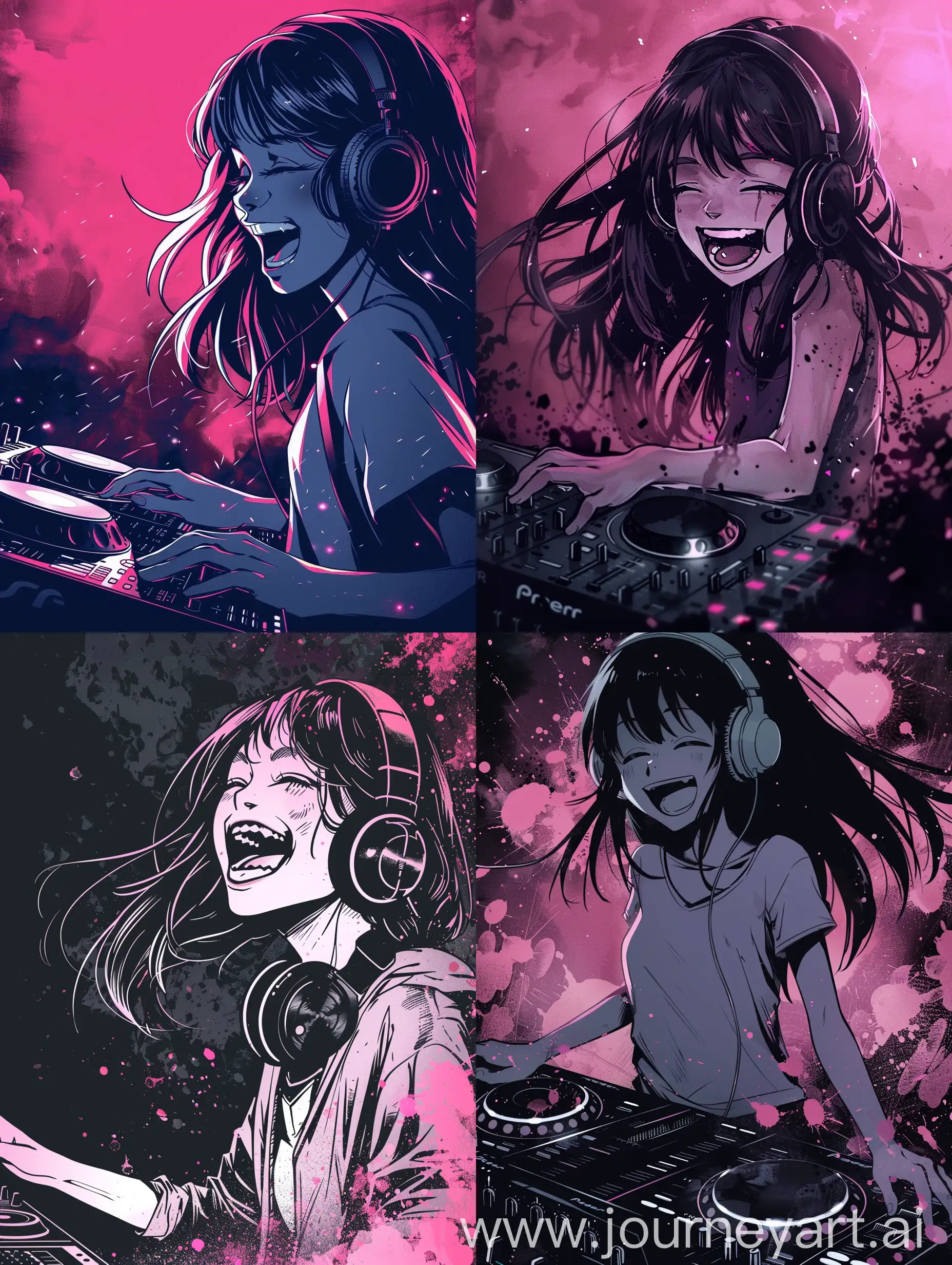 Joyful-Anime-Girl-DJ-Laughing-with-Headphones-on-Dark-Pink-Background