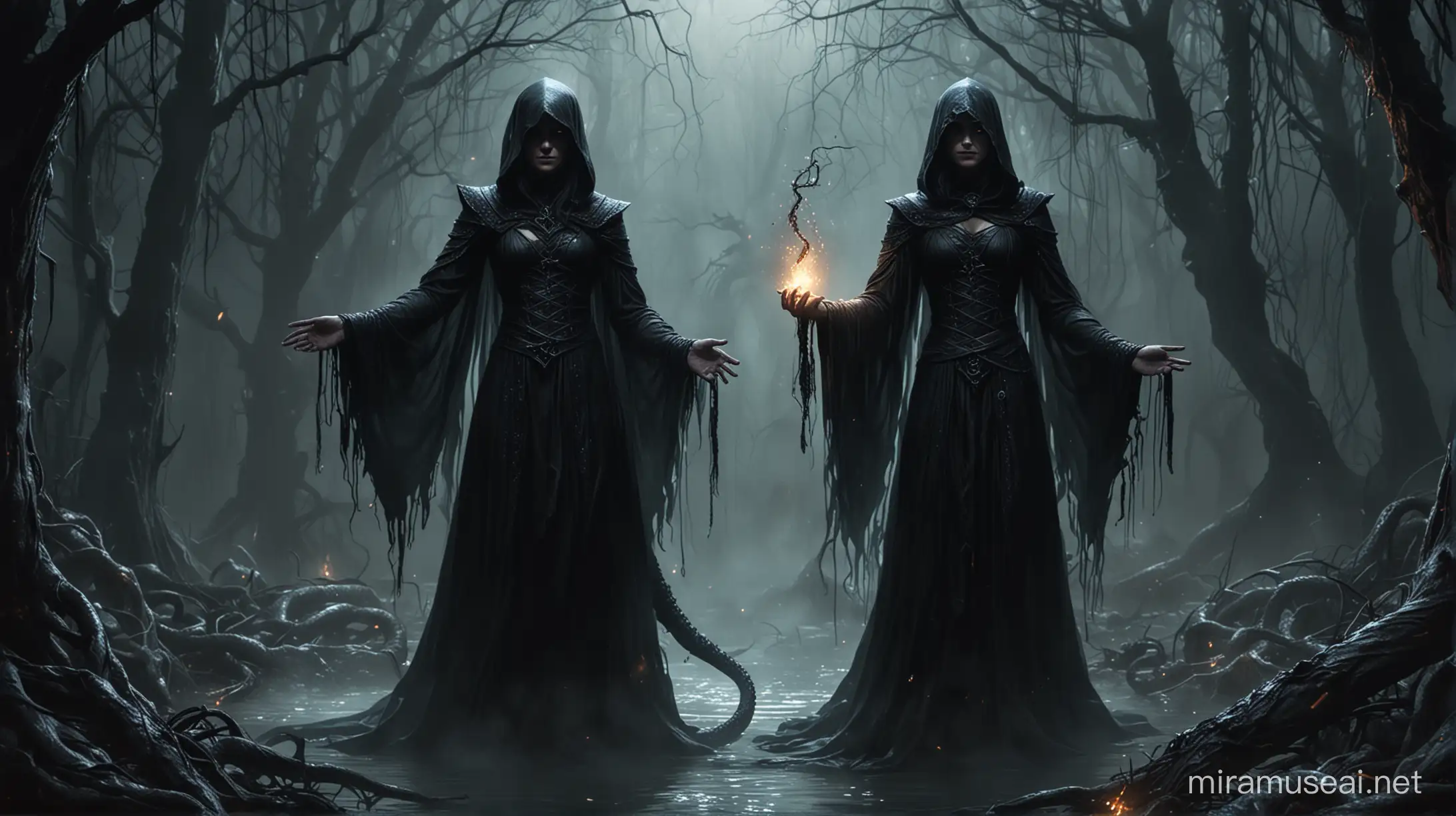 Enter the realm of shadows, where malevolent energies twist and coil like serpents in the abyss. Here, amidst the darkness, a sorcerer of sinister intent rises, wielding powers that draw upon the very essence of evil itself.

Picture this sorcerer, cloaked in robes as black as the void, their form obscured by the shifting shadows that cling to them like a second skin. Their eyes, pools of inky darkness, gleam with an otherworldly light that speaks of forbidden knowledge and arcane power.

Their magic is not of the light, but of the shadows; a twisted tapestry of spells and incantations that warp reality and bend the minds of mortals to their will. They summon forth creatures of darkness to do their bidding, twisting and corrupting all that they touch.

Yet, despite their malevolent nature, there is a certain allure to this sorcerer, a dark charisma that draws others to them like moths to a flame. They are a master manipulator, skilled in the art of deception and manipulation, weaving webs of lies and half-truths to ensnare the unwary.

In this prompt, delve into the depths of darkness as you create a sorcerer of sinister intent. Explore the twisted depths of their magic, the malevolent forces that fuel their power, and the shadowed realms from which they draw their strength. But beware, for in the pursuit of such dark arts, one risks losing themselves to the very darkness they seek to control.