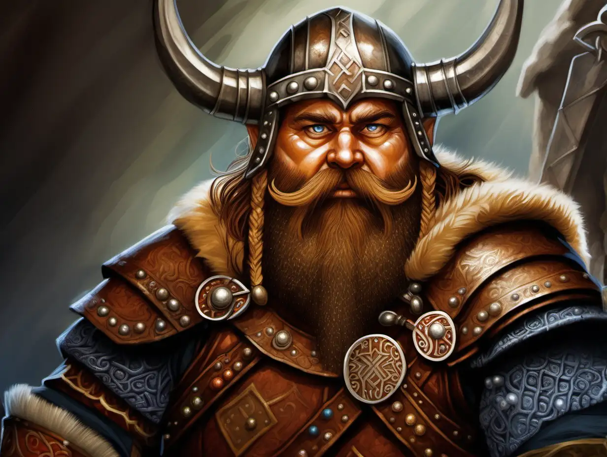 dwarf warrior, horned Viking helmet, brown hair, split beard, beard beads, beard bands, iron mine, Medieval fantasy painting