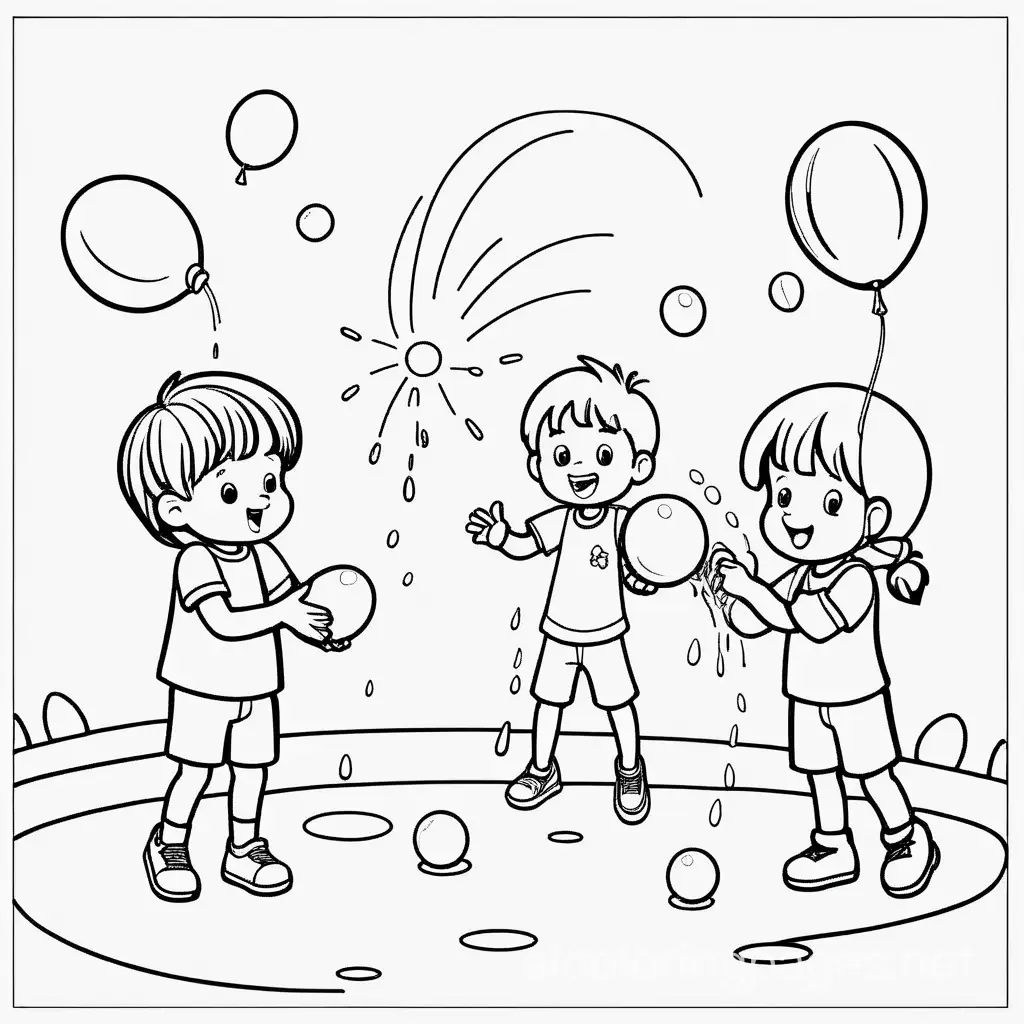 Kids playing with water balloon., Coloring Page, black and white, line art, white background, Simplicity, Ample White Space. The background of the coloring page is plain white to make it easy for young children to color within the lines. The outlines of all the subjects are easy to distinguish, making it simple for kids to color without too much difficulty