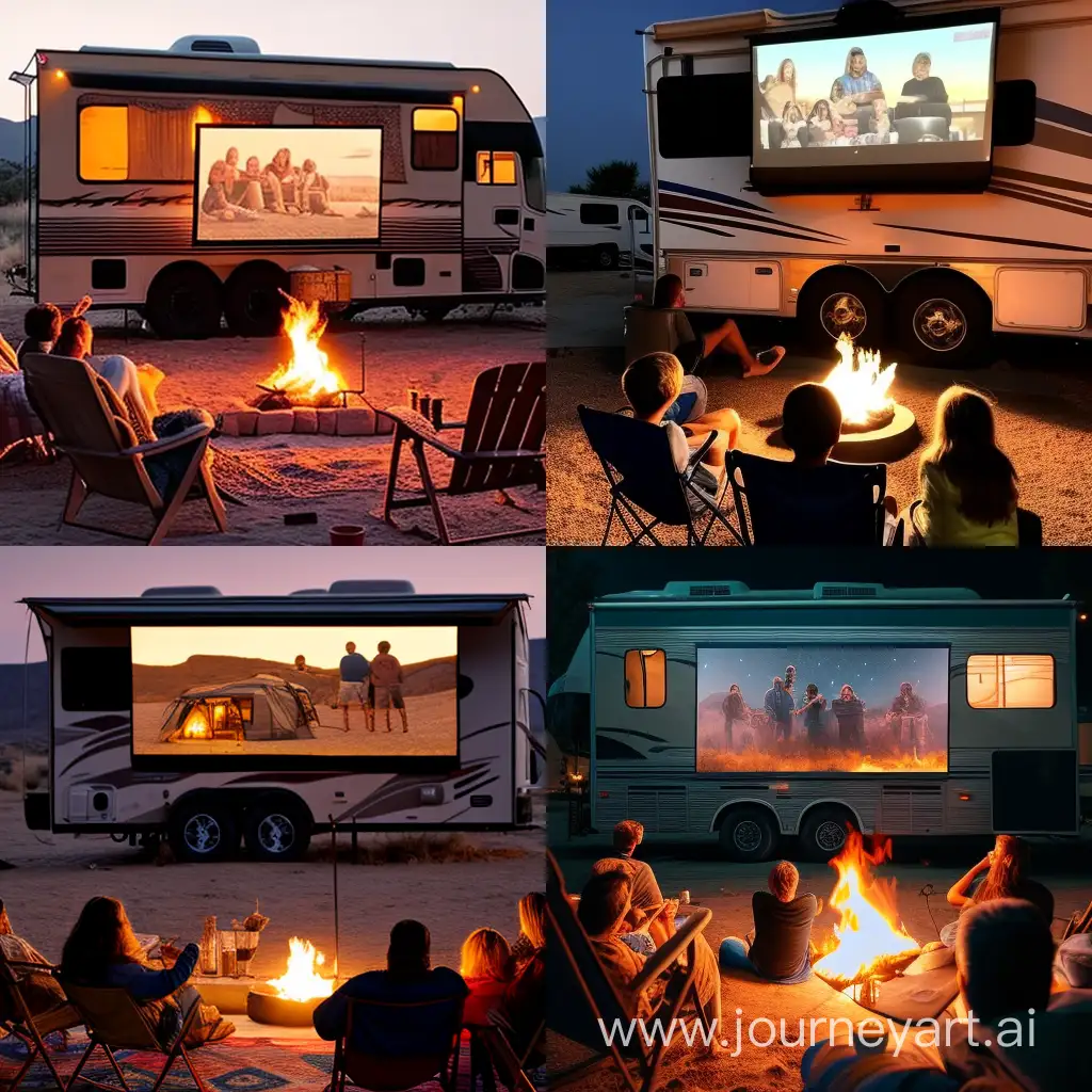 A large RV outside has a family sitting around a fire Next to it is a big screen with a big screen watching a movie