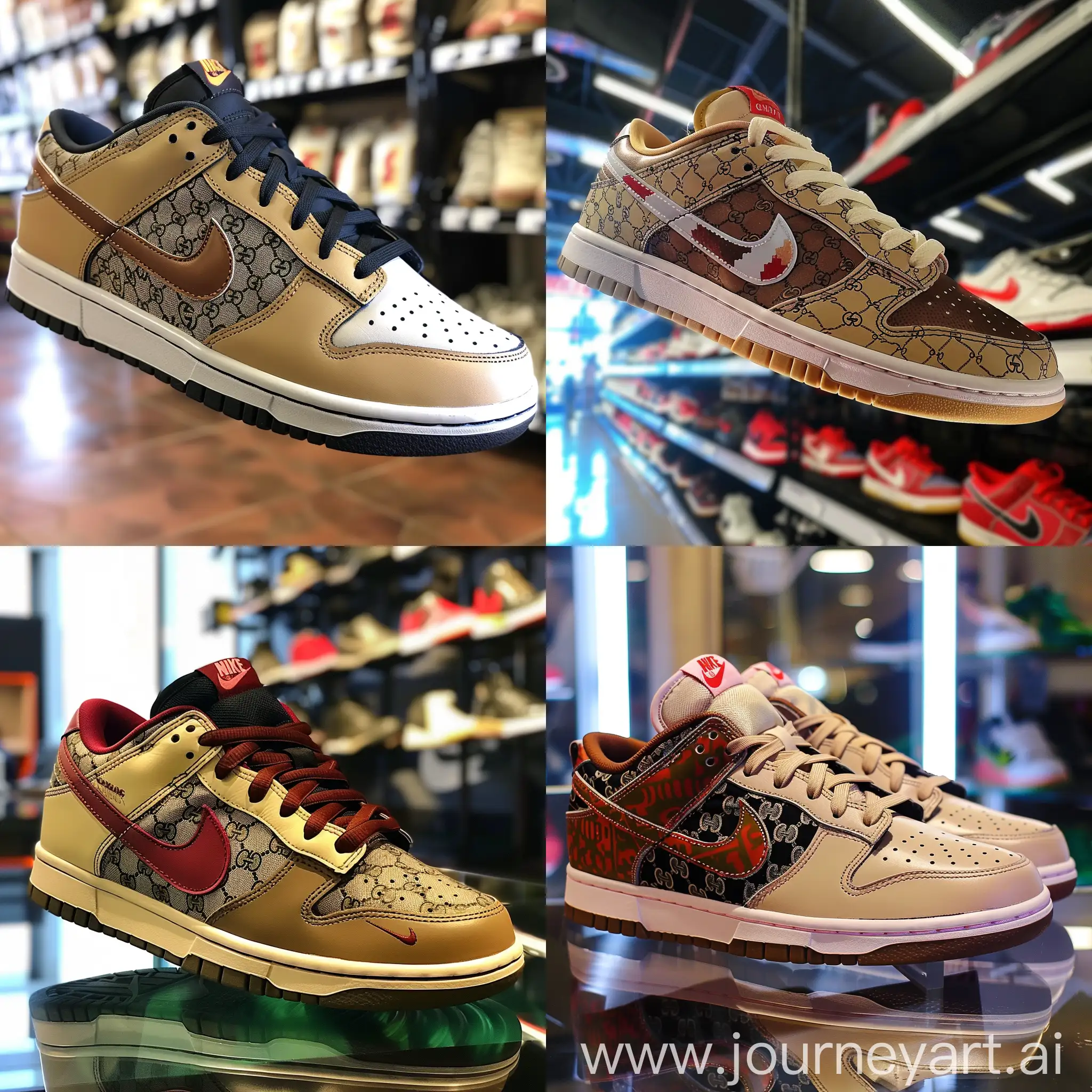 Nike-Dunk-Shoes-in-Gucci-Design-on-Display-in-Realistic-Shop-Setting