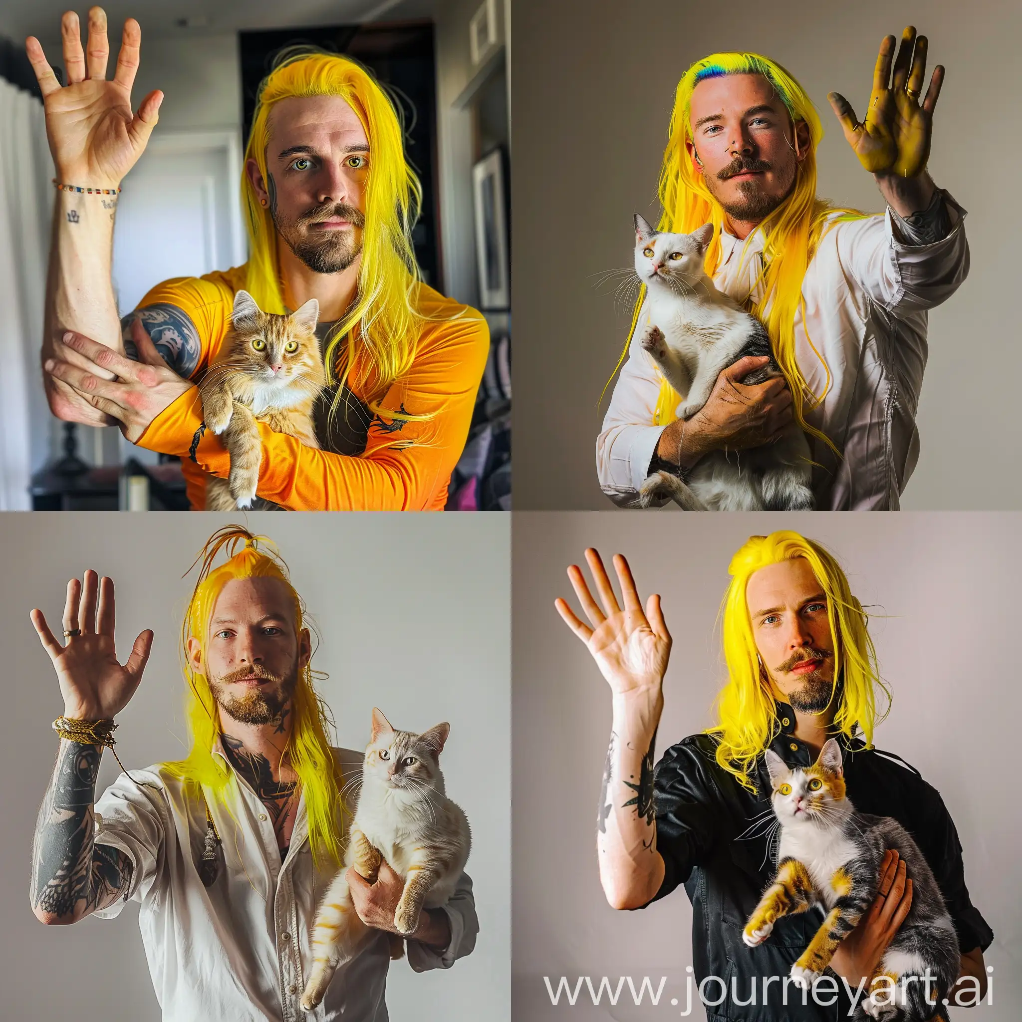 Bearded-Man-with-Long-Yellow-Hair-Holding-Cat-and-Waving
