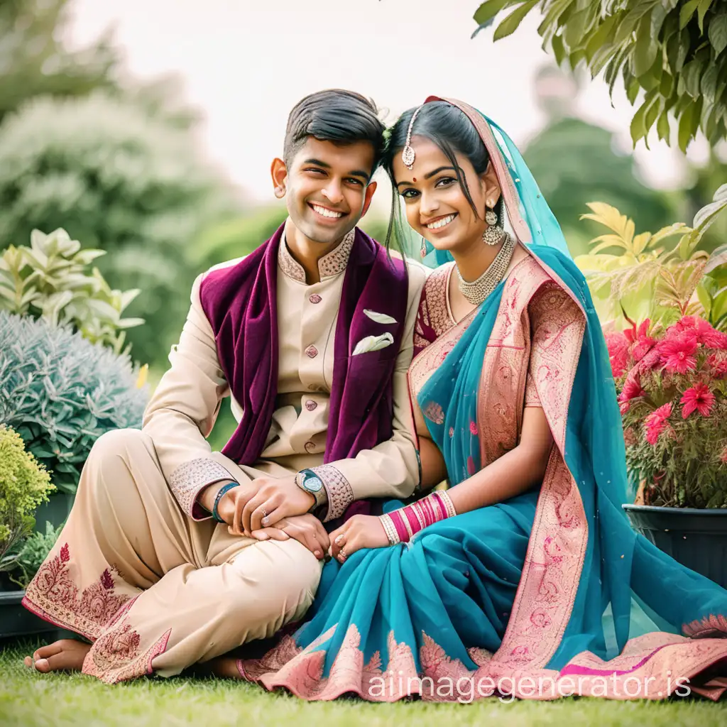 Young Indian bridal romantic couple, woman wearing saree with cute smile sitting in the garden  