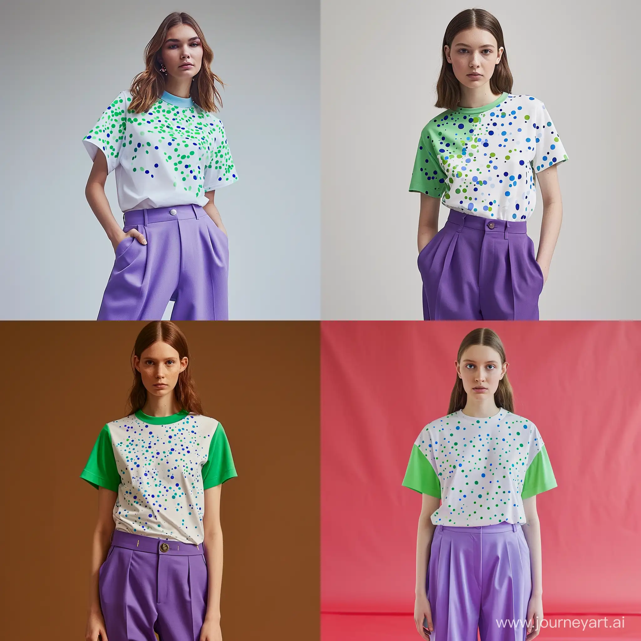 Stylish-Female-Model-in-Vibrant-Dotted-TShirt-and-Purple-Trousers