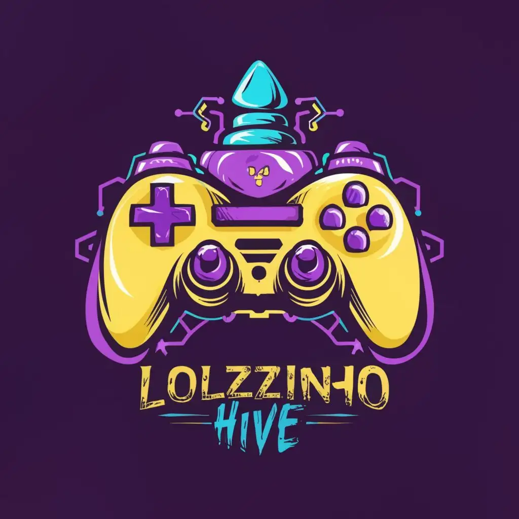 logo, cyberpunk style joystick, yellow and purple theme, with the text "Lolzinho Hive", typography, be used in Technology industry