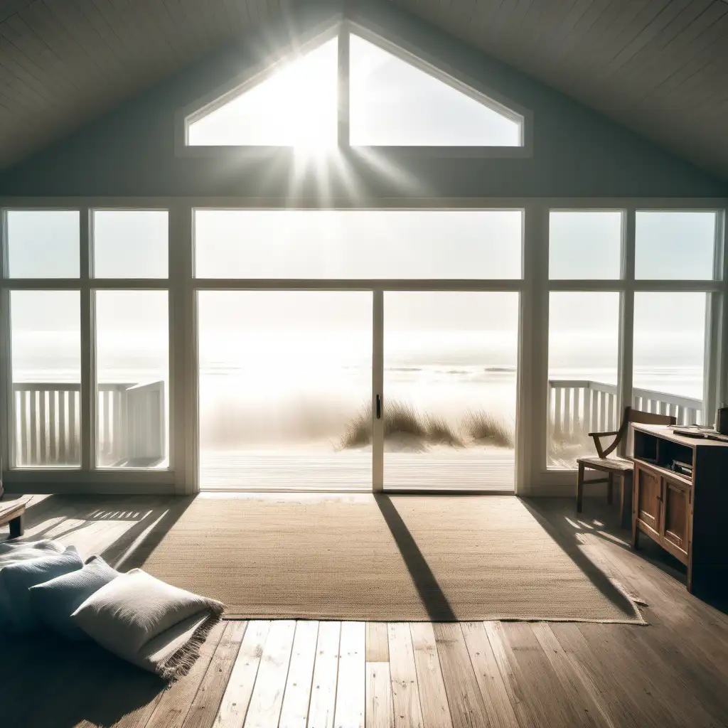 kühles bild von Zimmer eines Strandhauses im Nebel. helles Sonnenlicht. 