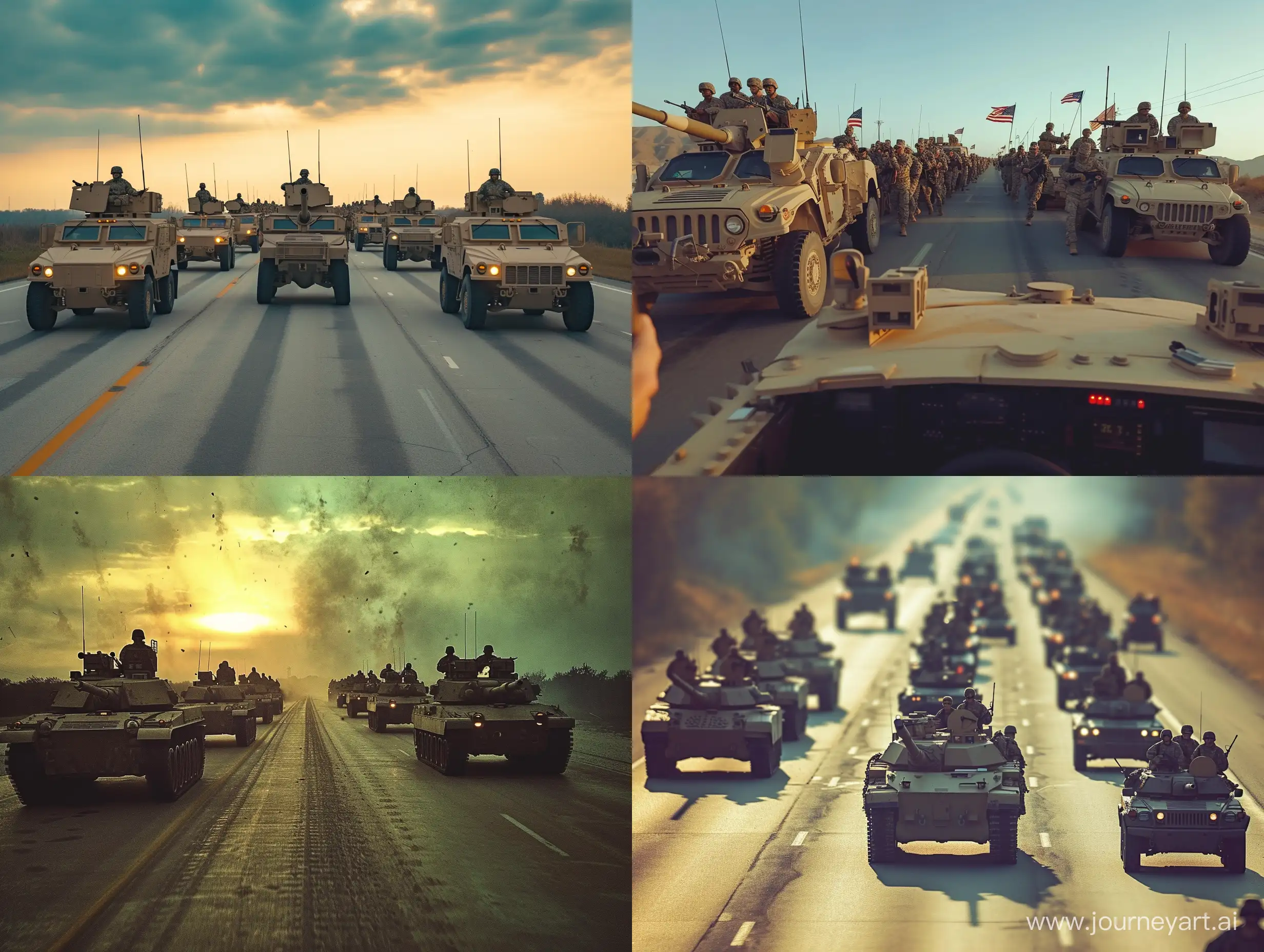 The US army is marching down the road with vehicles and tanks, captured on an iPhone. Color correction has been applied to enhance the visual quality of the image.


