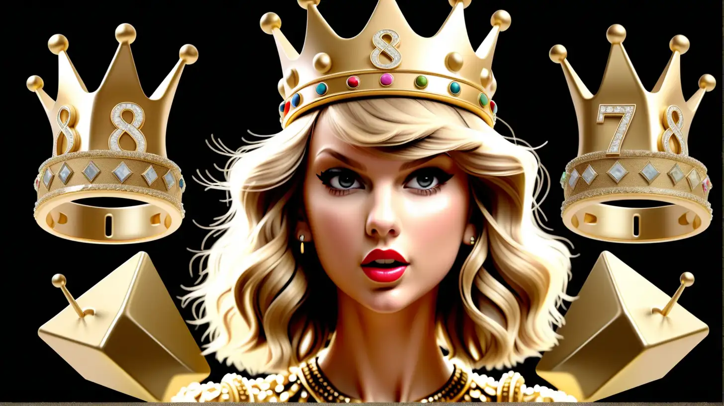 Taylor Swift Wearing Crown and Earrings in Gold Abstract Background