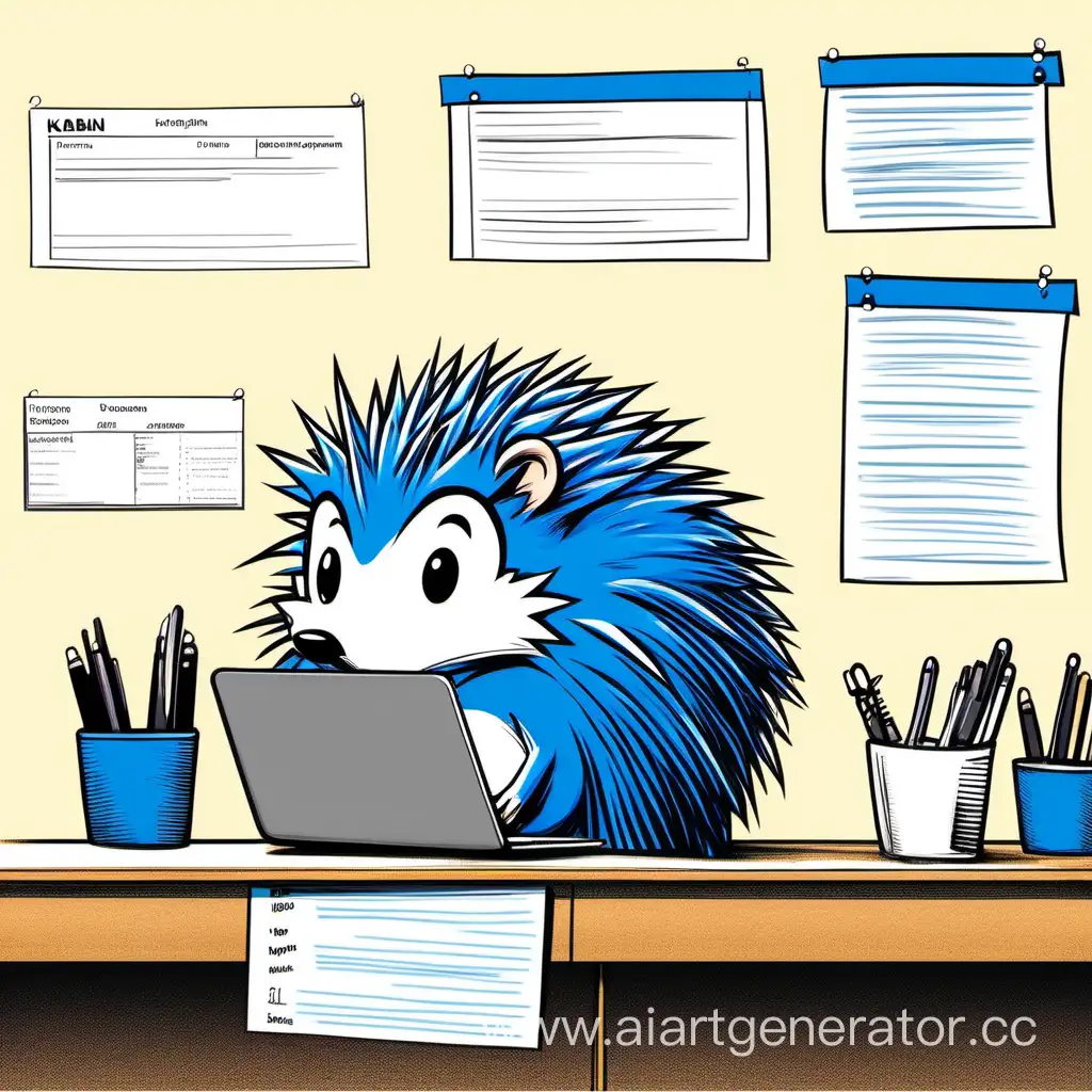 Curious-Blue-Hedgehog-Examining-Kanban-Desk