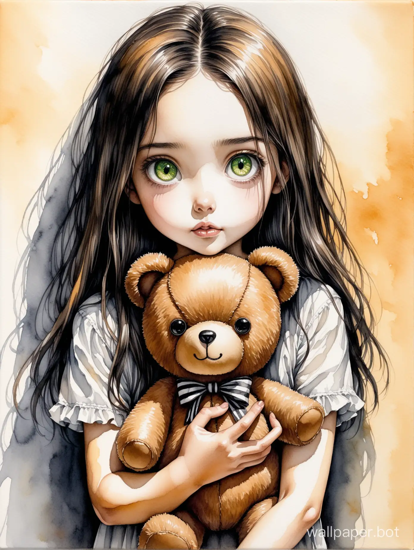 oil painting, watercolor ink, adorable 14 year old girl with her teddy bear on a grunge caramel lime and creamy white background, perfect fingers, perfect body, expressive hyper-detailed eyes, flawless composition, Tim Burton, dynamic light and shadow, hyperrealism