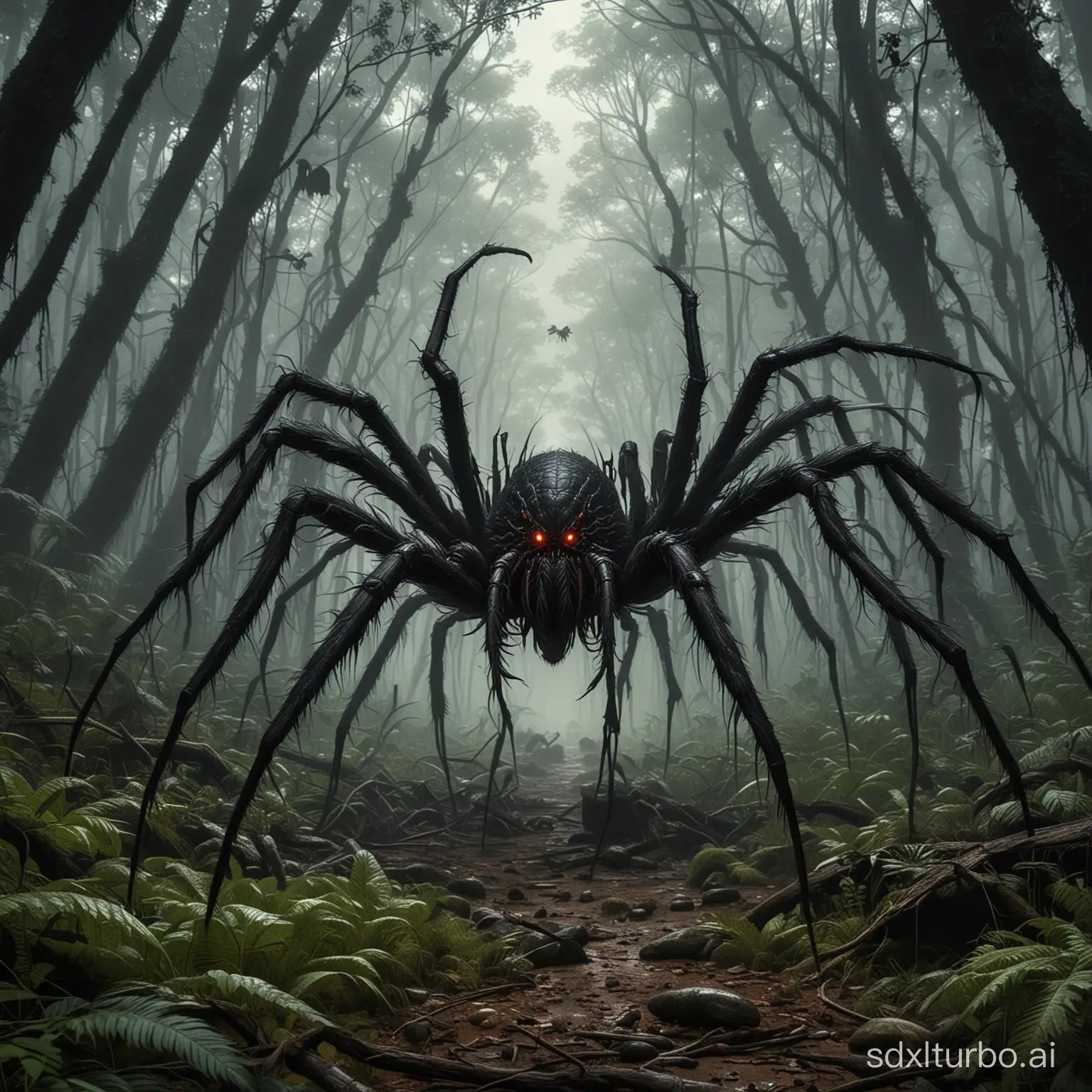 Imagine a nightmarish scene where a horde of giant spiders invades a dense and dark forest. The monstrous arachnids, as big as carts and covered in shiny black hair, creep stealthily among the immense trees, their eight clawed legs crushing