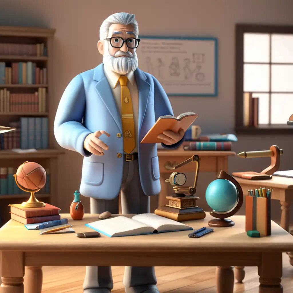 Create a 3d illustrator of an animated character of a  philosophy professor stood before his class with some items on the table in front of him.