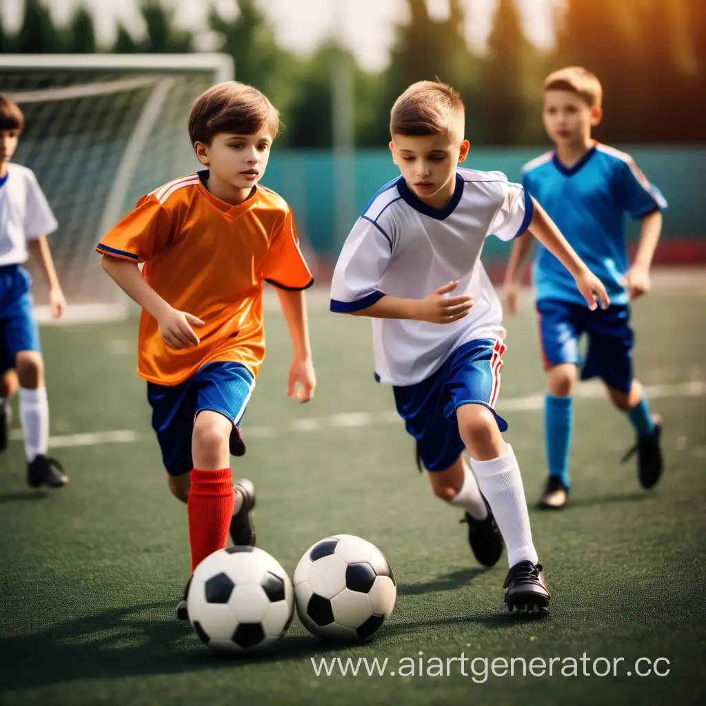 Boys in modern sports uniforms play football on the soccer field, super detailing