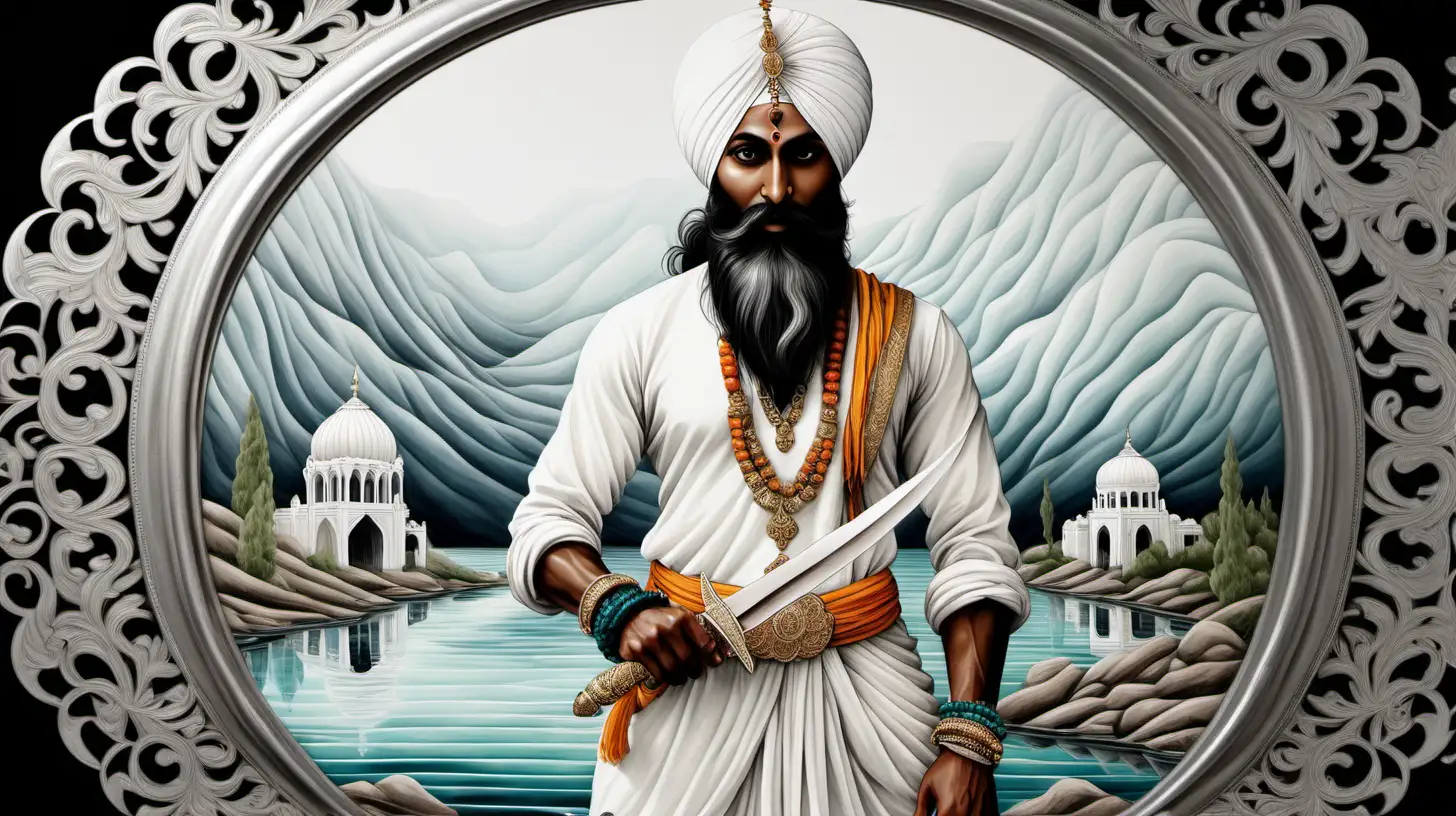 Sikh's five articles of faith — kesh (unshorn hair), kanga (small comb), kara (steel bracelet), kirpan (religious article resembling a knife), and kachera (white soldier-shorts), serene background, watercolor, intricate details, art landscape mirrored on water's surface below, colour scheme centred on vibrant cream, white, ochre, aqua against a stark black, black negative space, backdrop, chiaroscuro enhancing the intricate details, in a digital Rendering “v6”