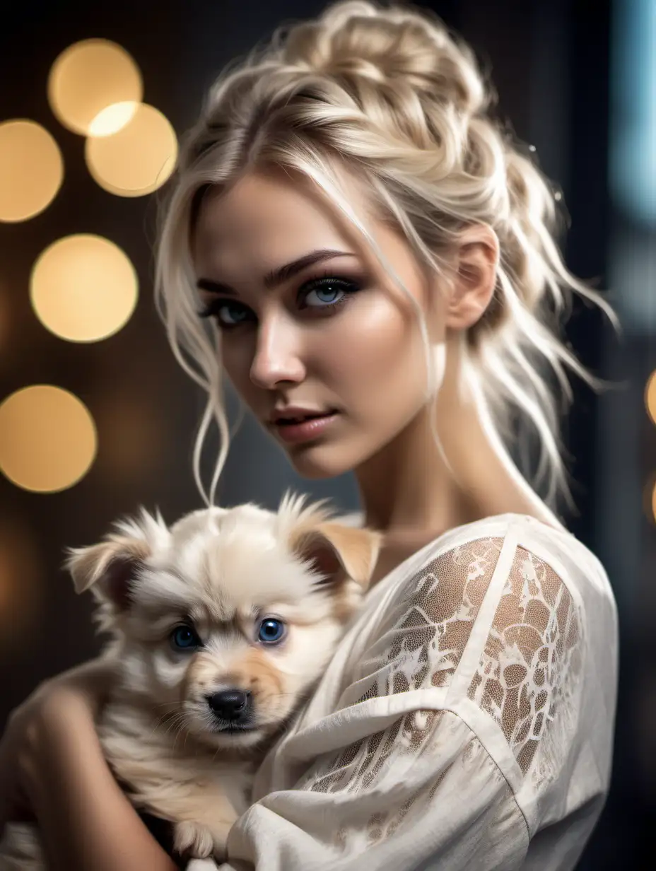 Stunning Nordic Woman Holding Puppy with Intense Gaze