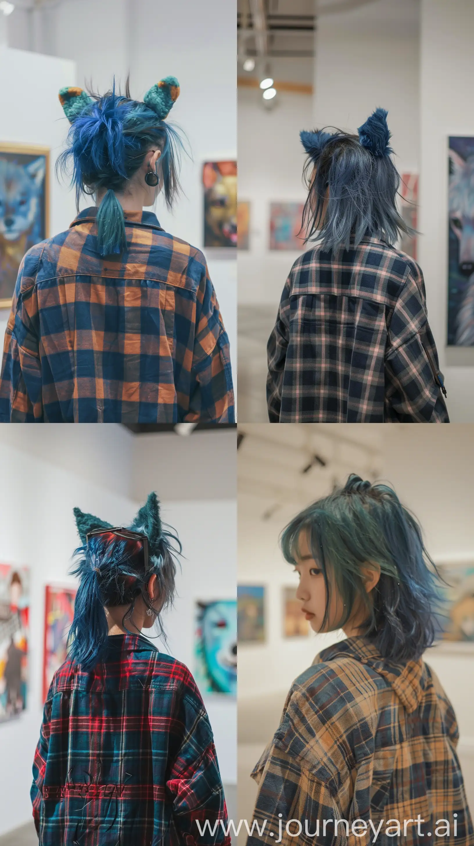 a asian youth girl wearing flannel, blue wolfcut hair, inside art gallery, back body --ar 9:16