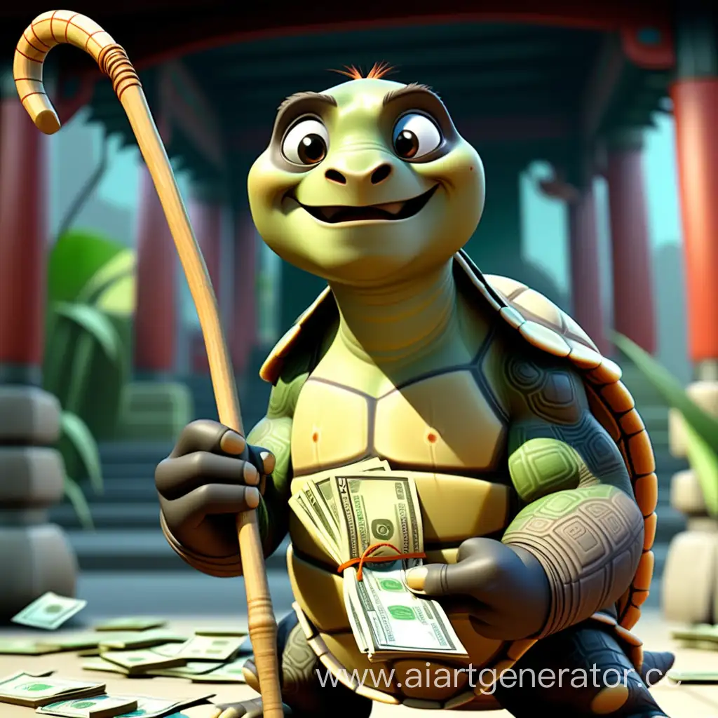 The Ugway turtle from the Kung Fu panda cartoon holds money in his hands, he has a long neck and a walking stick in his hand