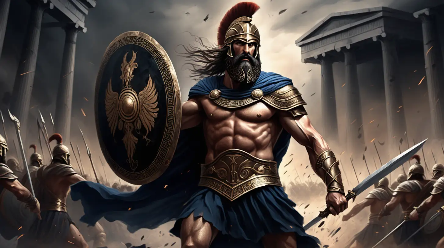 Illustrate the scene of a seasoned Greek warrior, adorned in battle attire, heading into the midst of a fierce battle. The warrior should have a long, flowing beard, and the background should feature a striking black palace, creating a dramatic and intense atmosphere.
