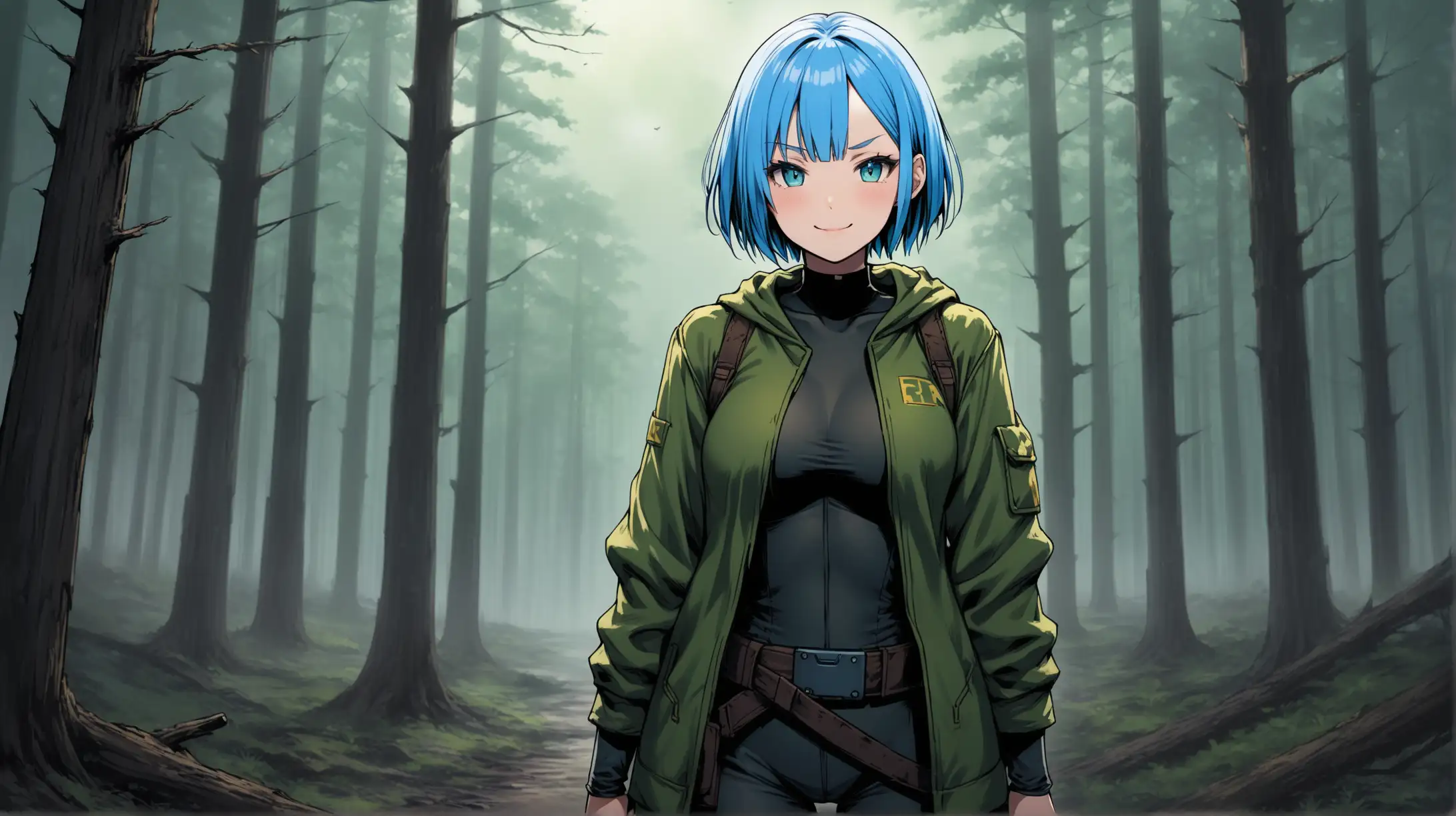 Draw the character Rem, high quality, outdoors, eerie forest, natural lighting, cowboy shot, in a relaxed pose, wearing an outfit inspired by the Fallout series, looking at the viewer with a loving smile