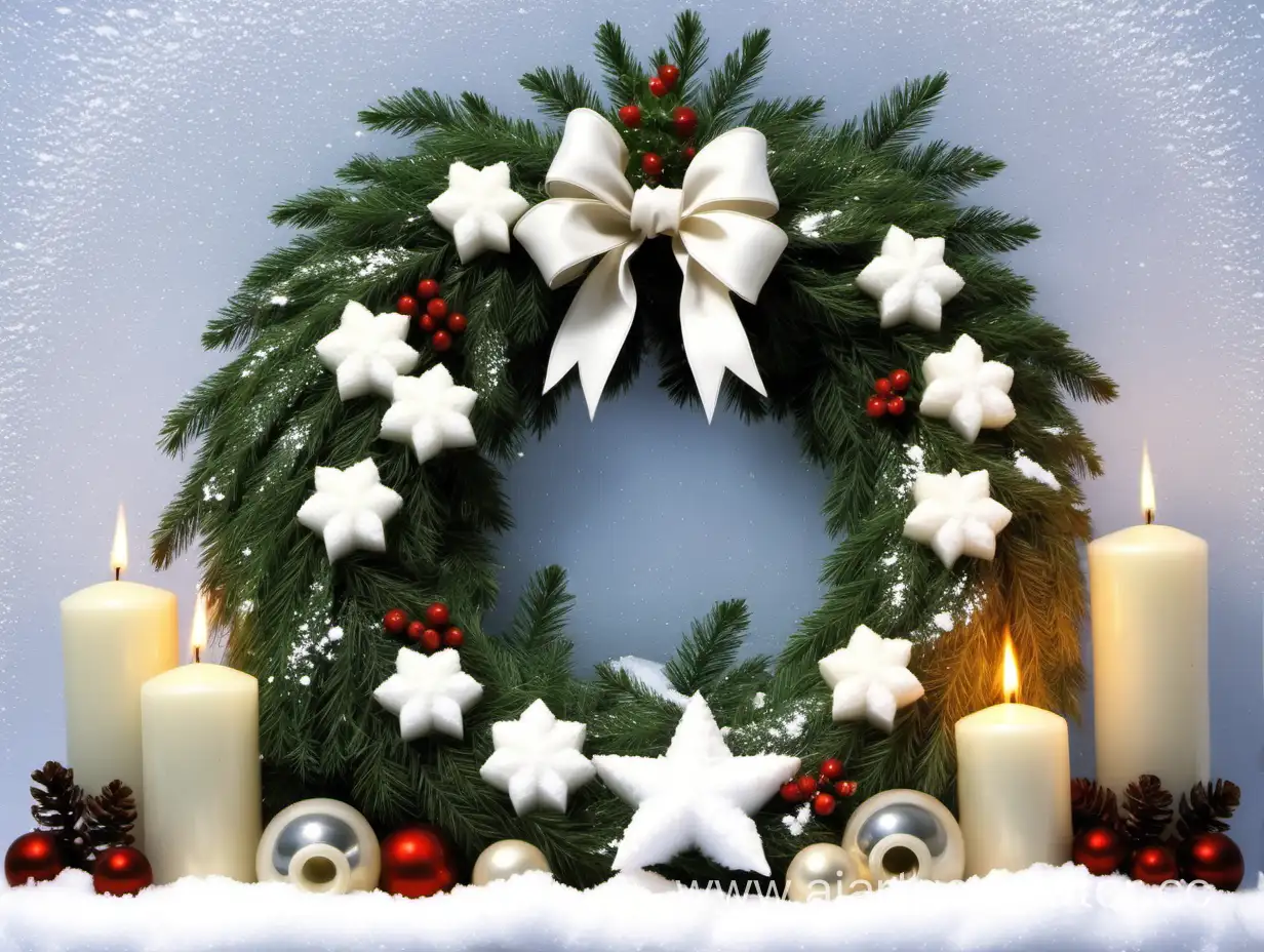 Белый снег ррождественский венок свечи елки колокольчики бантики
