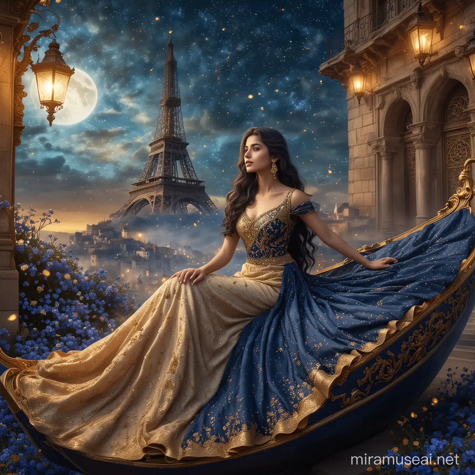 A beautiful woman, sitting on a floral boat,surrounded by small dark blue flowers and golden dust. Long wavy black hair. Elegant long beige and dark blue dress, haute couture, sari tissu. Background nebula sky with golden light. background golden dust and old lamps. Background tower effel. 8k, fantasy, illustration, digital art, illustration art, fantasy art, fantasy styl


